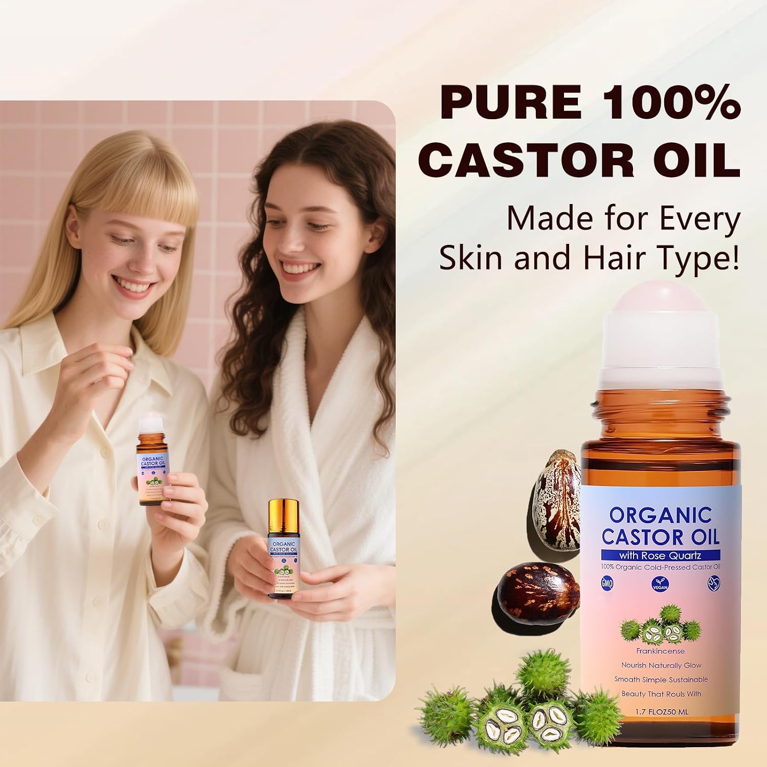2Pcs Organic Castor Oil with Rose Quartz Roller, Natural Moisturizer, Cold-Pressed Pure Organic Castor Oil Roller Ball for Hair, Eyelashes, Eyebrows & Skin