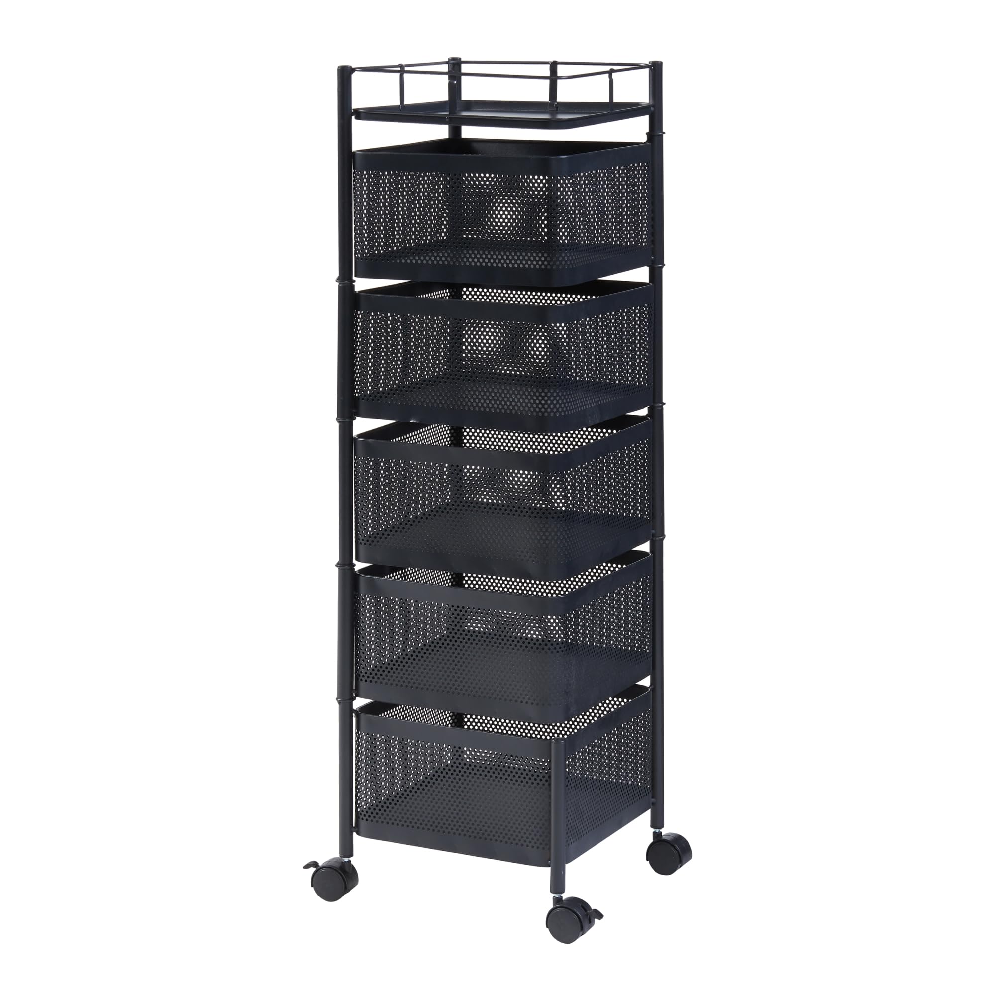 [en.casa] Chariot de Service à 5 Niveaux Desserte à roulettes avec Paniers Dépliables Meuble de Rangement pour Cusine Salle de Bain Bureau Acier 95 x 27 x 27 cm Noir