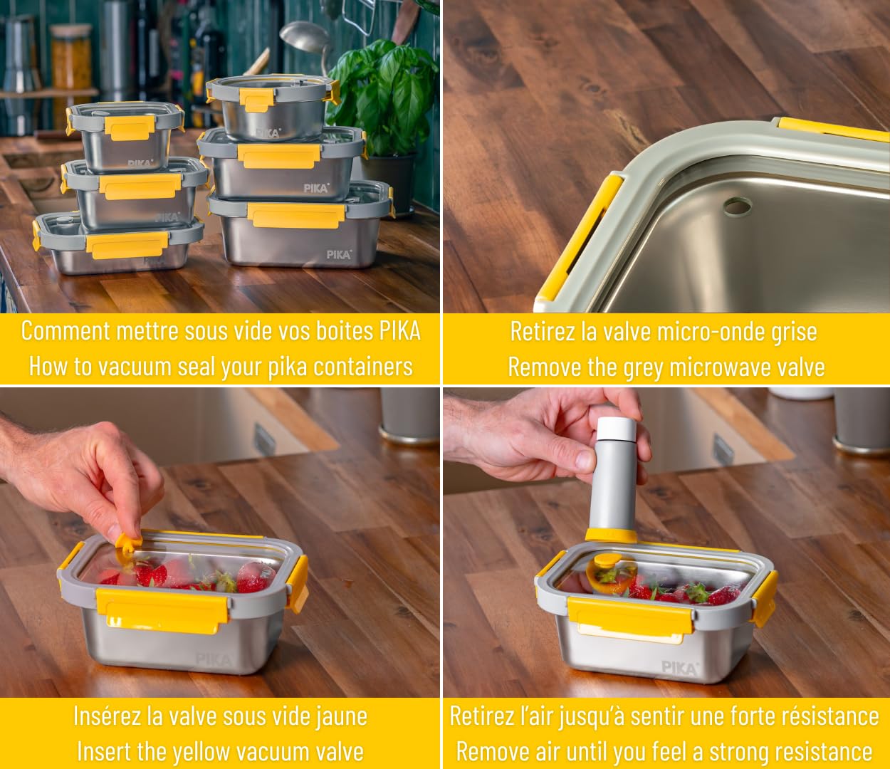 Pika | Lot de 2 boites alimentaires sous vide en inox + pompe de mise sous vide | 820ml + 1200ml | Micro-ondes, four, congélateur | Légère & hermétique