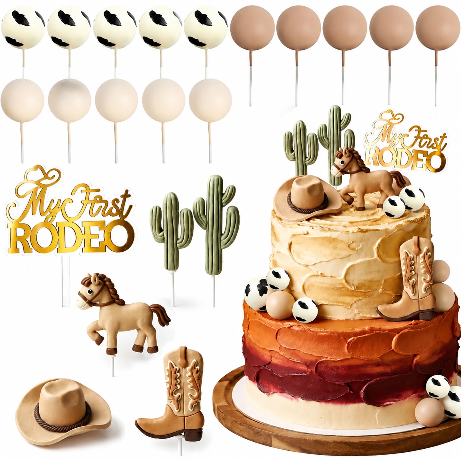 20Pcs Cowboy & Cowgirl Cake Toppers Set, Cowboy Party Decorations with Hat, Boots, Cowboy Horse, Cactus, Balls, Wild West Rodeo Birthday Cake Decorations for Western Theme Party Supplies