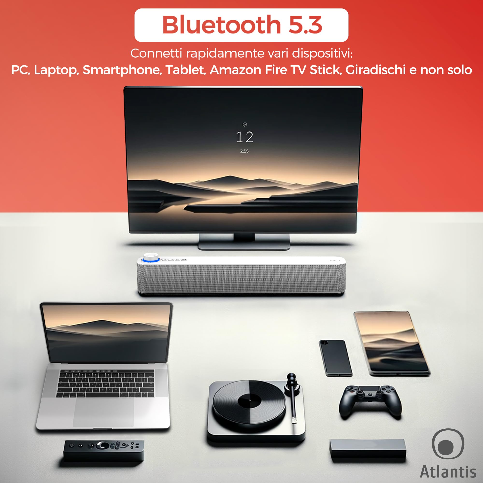ATLANTIS Soundbar PC 20 W, głośnik PC, Jack 3.5 mm + Bluetooth 5.3 do smartfona, FireTV, gramofonu, odtwarzacza Batt. 2400 mhA, radia FM, głośnika PC, laptopa, TV, smartfona Dim 420 x 60 x 74 mm,