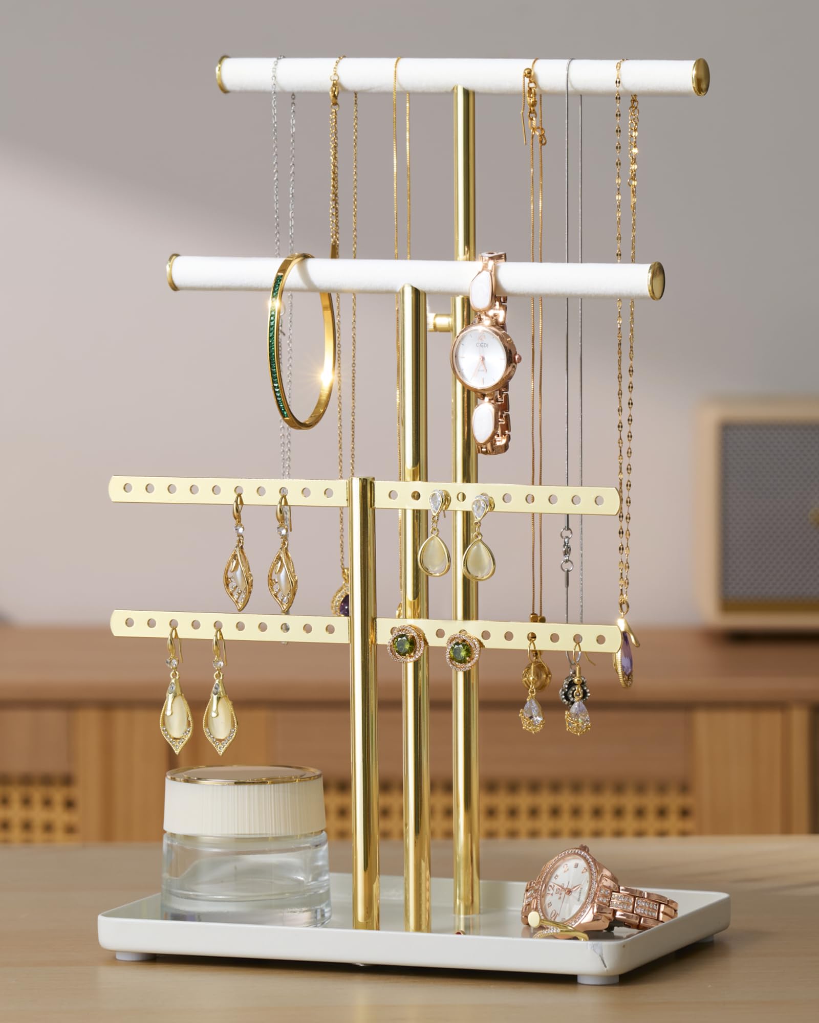 pickpiff Jewelry Holder Organizer with Velvet, Adjustable 10"-17" Tall, Metal Stand for Display Bracelet, Necklace, Earrings, Rings, White and Gold