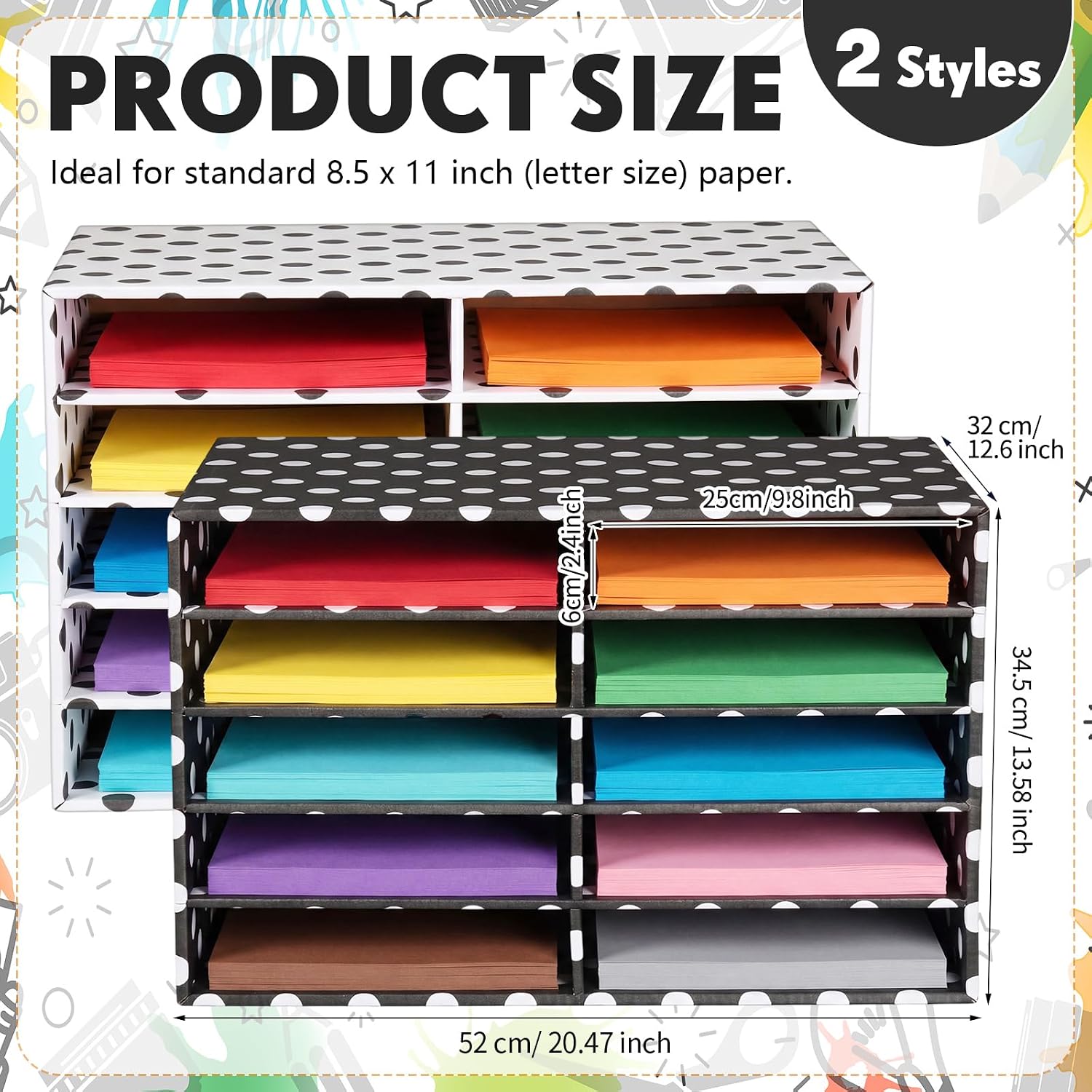 Dispowreath 2 Pack 10 Slots Construction Paper Storage, Classroom Mailboxes, Back to School Literature Cardboard Paper Organizer for Teacher, Office, 19.7 x 12.4 x 11.8 Inches(Black and White,Dots)