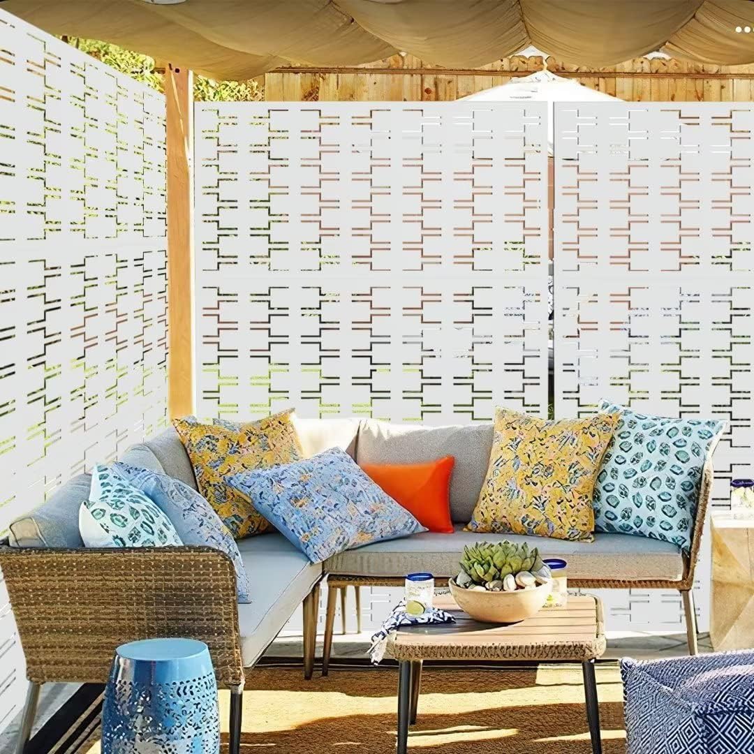 Elevens Metal Privacy Screen Outdoor Patio Screen Panels Freestanding Decorative Screen Set with Stand for Deck Patio Balcony Garden Outdoor&Indoor, White-Brick