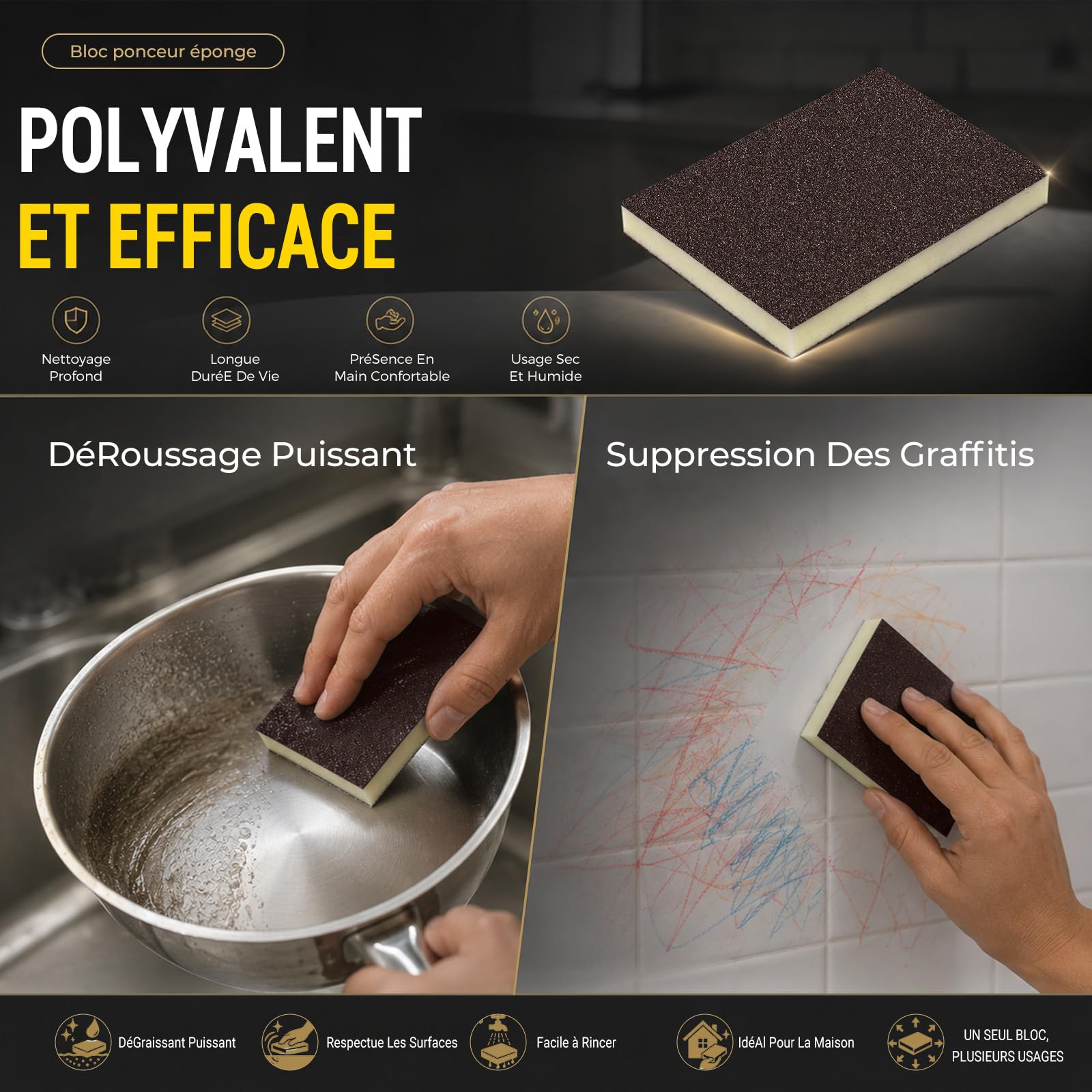 Éponge Abrasive Grain 120, Lot de 18, Tampons de Ponçage Souples et Flexibles pour Usage à Sec ou à l'eau, pour Éliminer Rayures et Saletés sur Murs en Plâtre, Bois et Métal