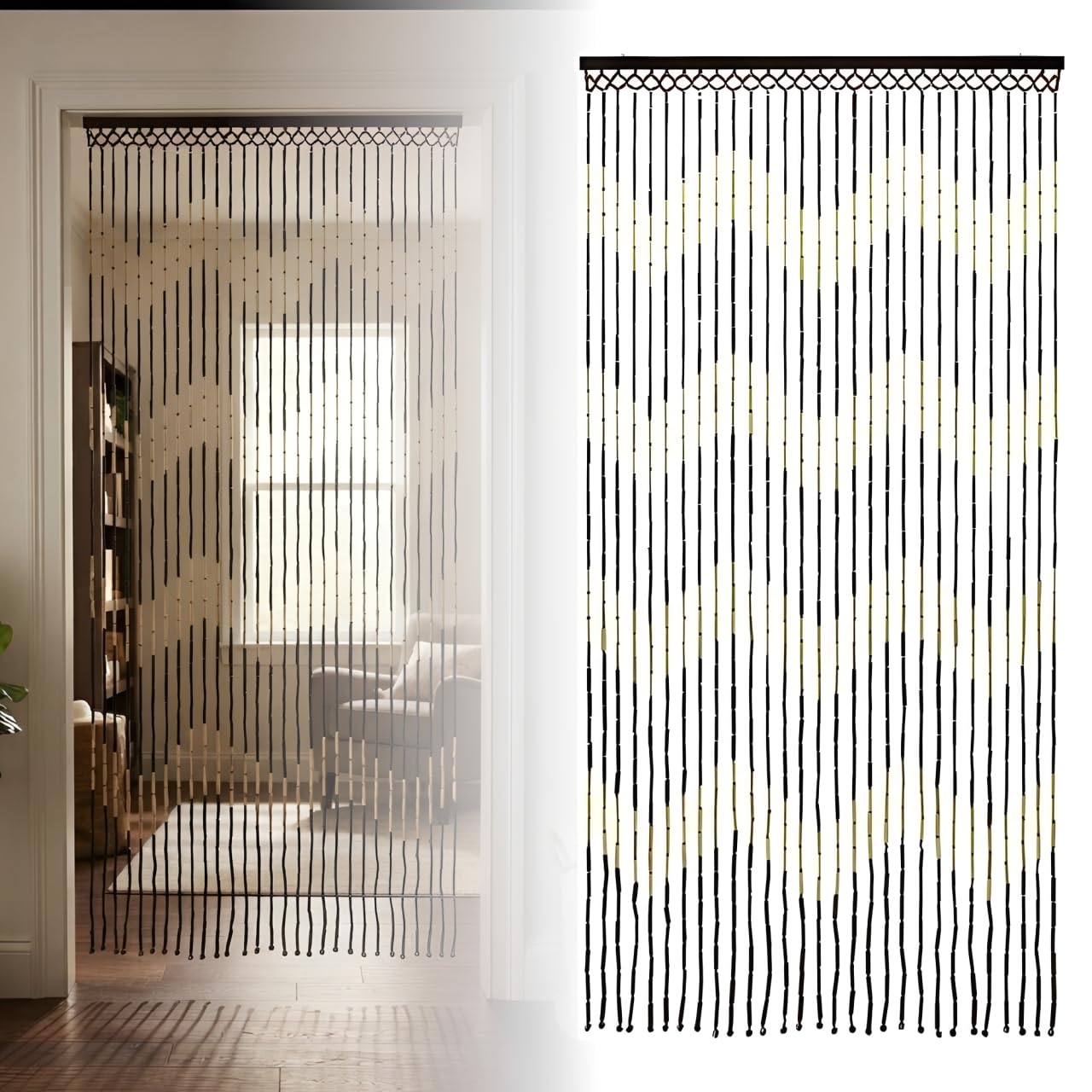 Sizi Wooden Beaded Door Curtain Bamboo Hanging Room Divider Privacy Screen for Doorway Window Hallway Living Room Bedroom Decoration Panel Wave