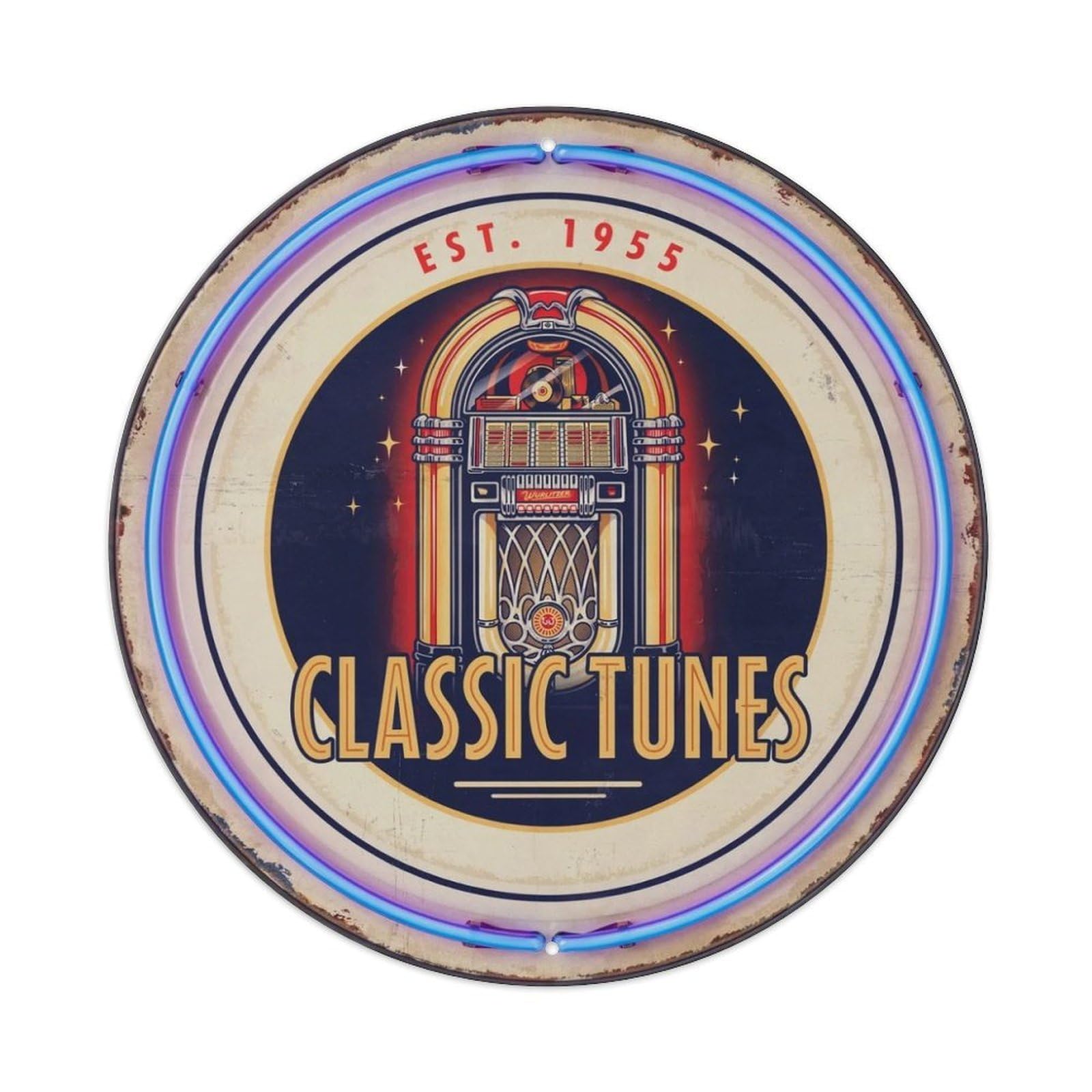 Classic Tunes Neon Jukebox Round Metal Tin Sign Plaque