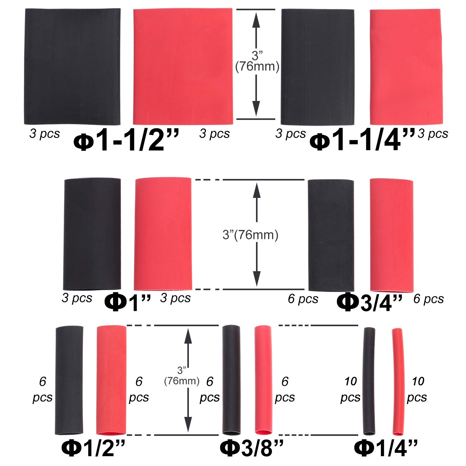 RockDIG Lot De 104 Gaines Thermorétractables à Double Paroi 4 6 8 12 16 20 Mm Noir