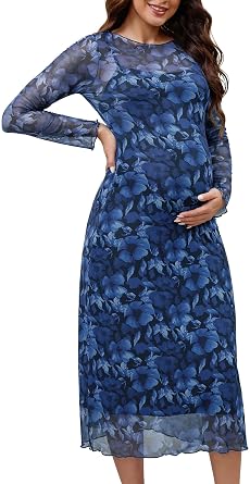 Womens Maternity Mesh Dress 2-Piece Midi Bodycon Fall Wedding Guest Cocktail Party Pregnancy Dress