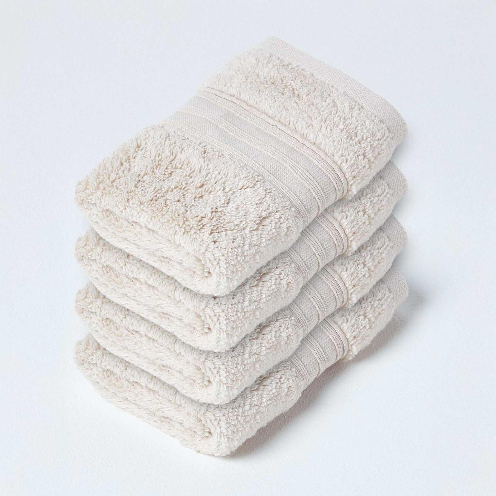 HOMESCAPES Set of 4 Luxury Stone Beige Soft 100% Supima Cotton Face Cloths Zero Twist Super Absorbent & Fluffy 550 GSM Thick Plain Flannel Wash Cloth