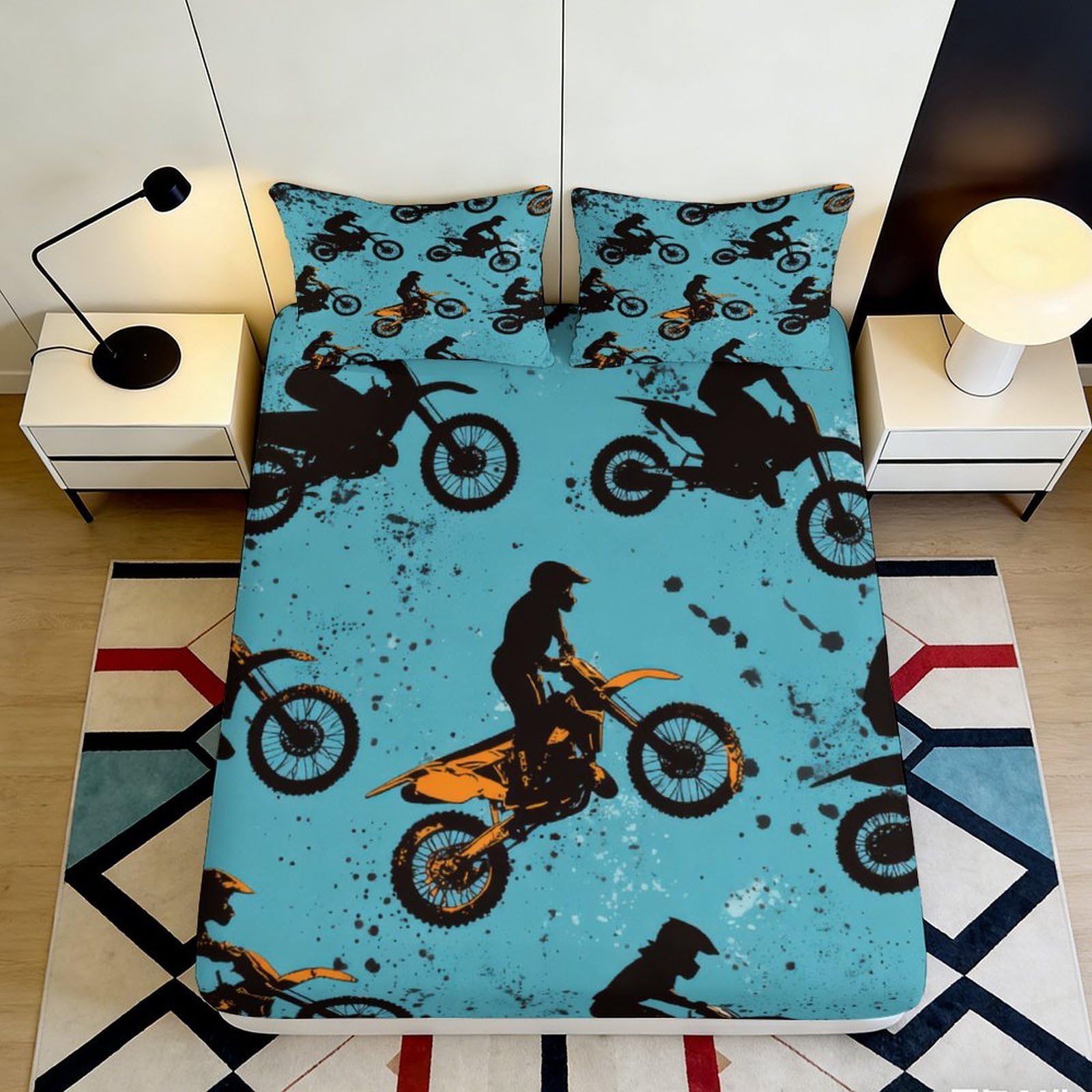 Pnayamiorkfel Style-4 3D Printed Motocross Adventure Fitted Sheet Microfiber Blue Motorcycle Action Mattress Cover Bedroom Decor 90X200x25cm
