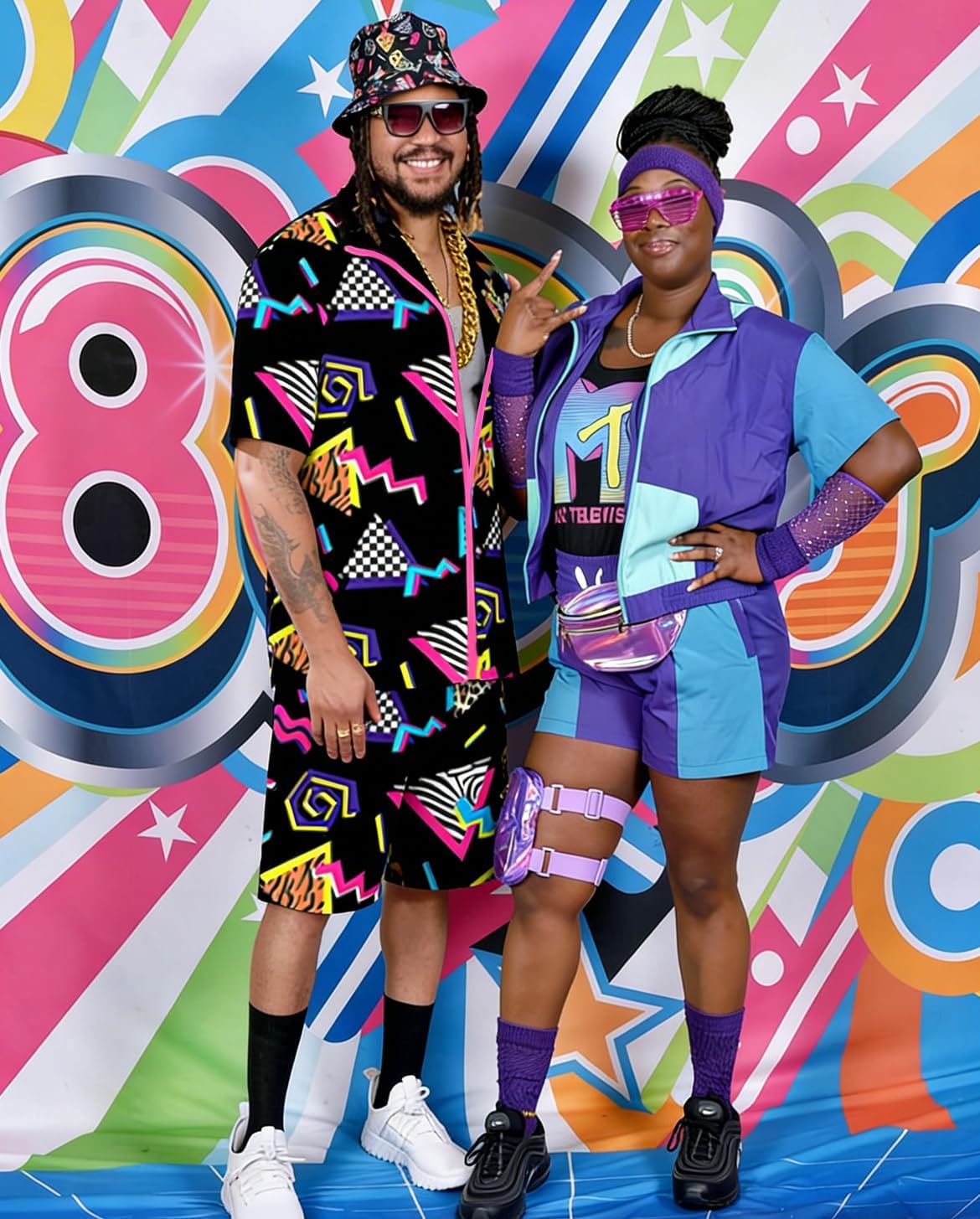 UOUA 80s Outfit for Men 90s Color Block Costumes 2 Piece Retro Short Sleeve Jacket & Shorts Set for Party - Image 4