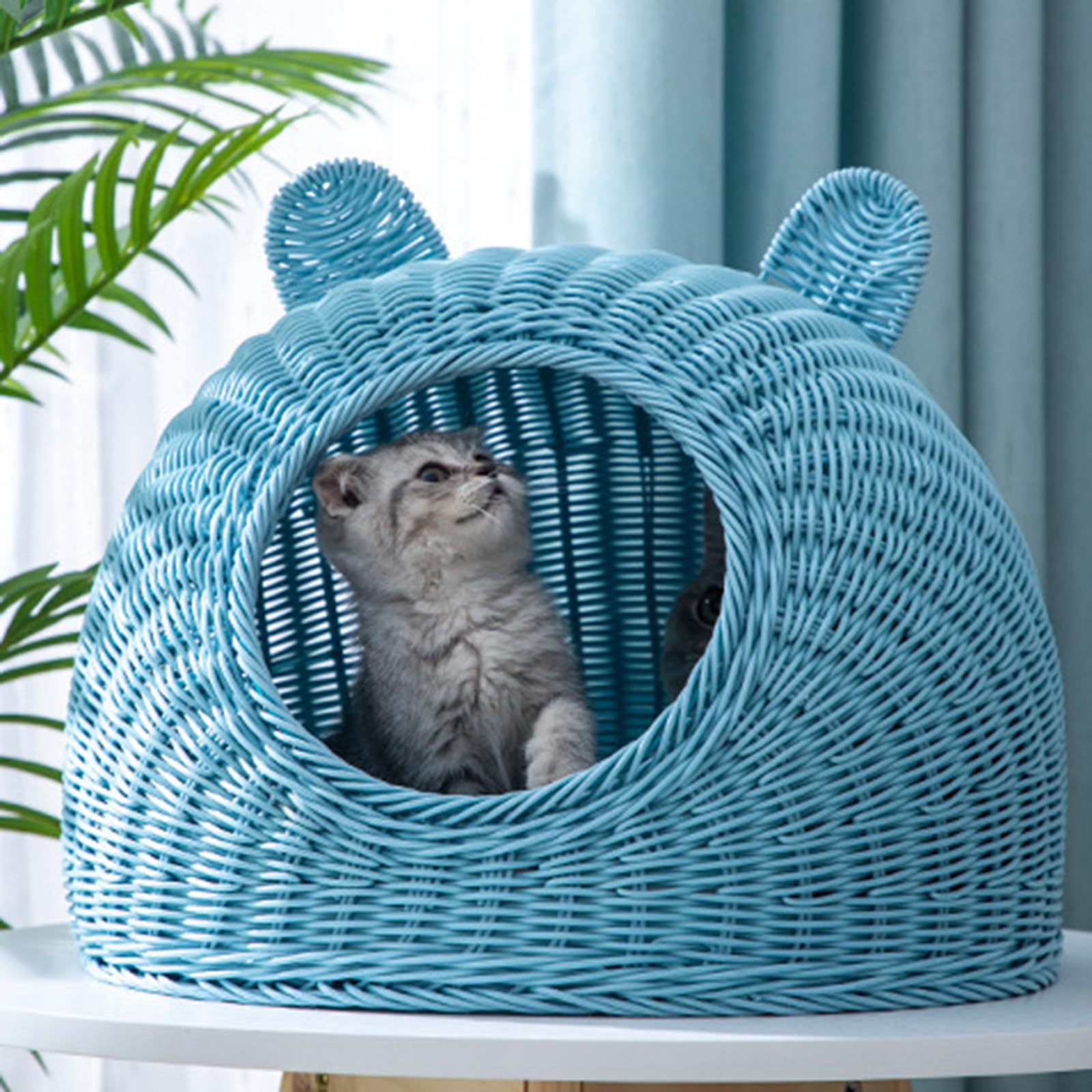 Cuccia Per Gatti in Plastica Di Vimini Per Gatti Domestici, Cuccia Per Con Orecchio Di Gatto Carino Grotta Tessuta A Mano Semichiusa Per Gatti in Rattan,Beige,29cm