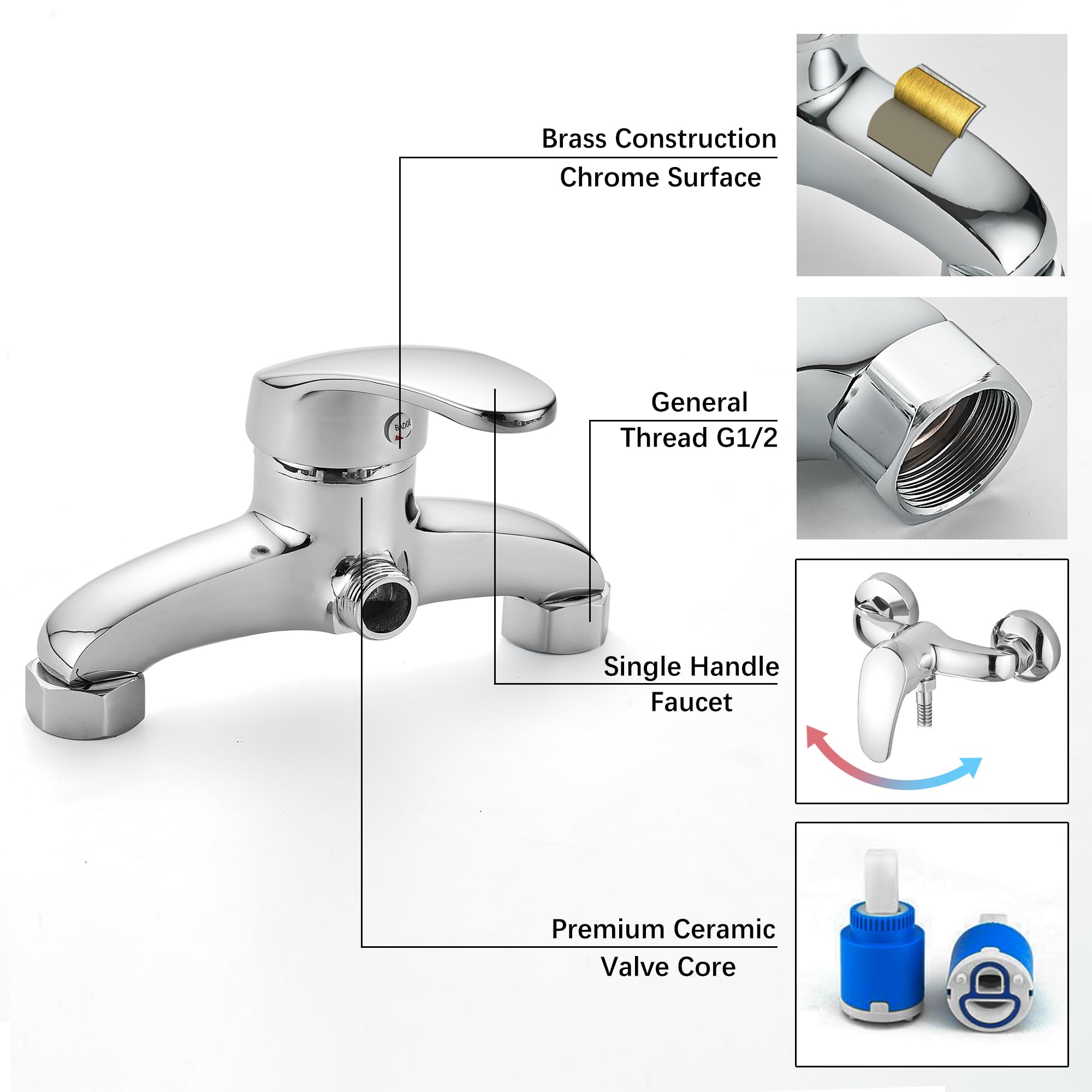 Rubinetto Doccia Monocomando con Soffione Doccia Supporto e Tubo - Miscelatore Doccia Esterno senza Beccuccio, Flessibile Doccia Acciaio Inox 150cm, Doccetta con 3 Funzioni - Argento Cromato