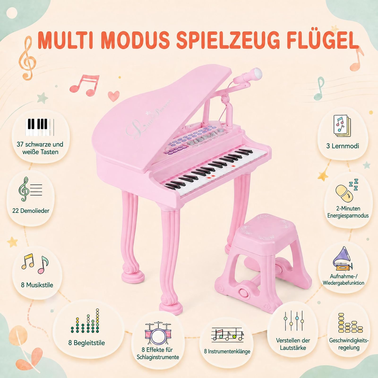 RELAX4LIFE Keyboard Kinder, Digital Piano mit 37 Tasten & Hocker, Rosa