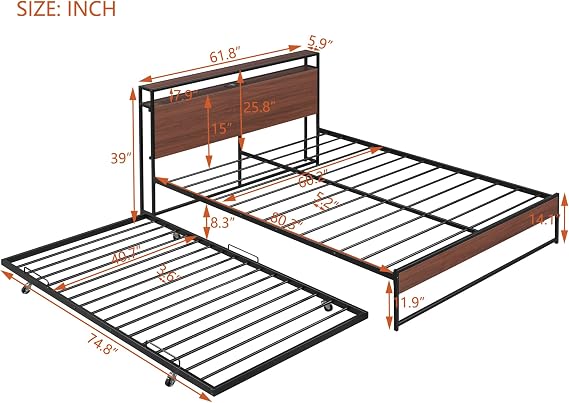 Queen Size Platform Bed with Trundle, Metal and Wood Bed Frame with Headoard, Footboard, USB Charging Ports, Slat Support Spring Box No Required (Black)
