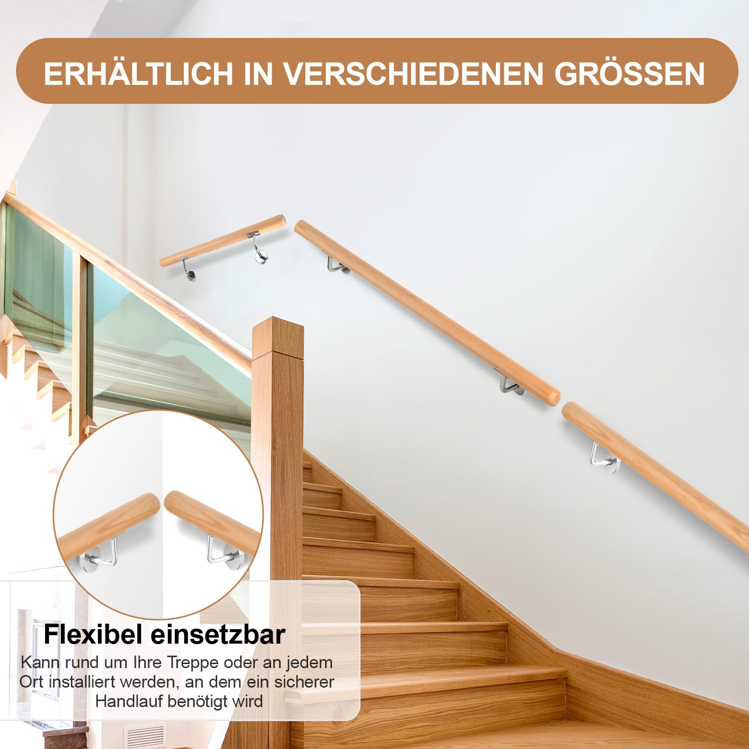 Corrimano in legno di faggio, ringhiera per scale, 50 cm, con supporto a parete, corrimano in legno antiscivolo, per scale, corridoi, scale da giardino, balcone, soffitta