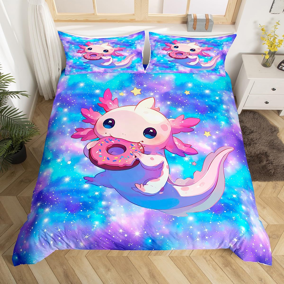 Homemissing Kids Cute Axolotl Bedding Set Cot Size Donuts Cartoon Salamander Comforter Cover Set for Boys Girls Kawaii Ocean Sealife Duvet Cover Bedspread Cover Room Decor Quilt Cover,No Stuffing