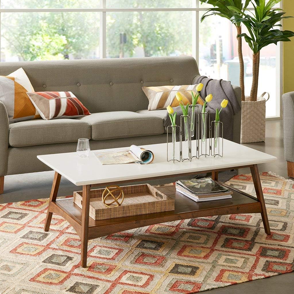Madison Park Parker Coffee Tables-Solid Wood, Two-Tone Finish with Lower Storage Shelf Modern Mid-Century Accent Living Room Furniture, Medium, Off-White/Pecan