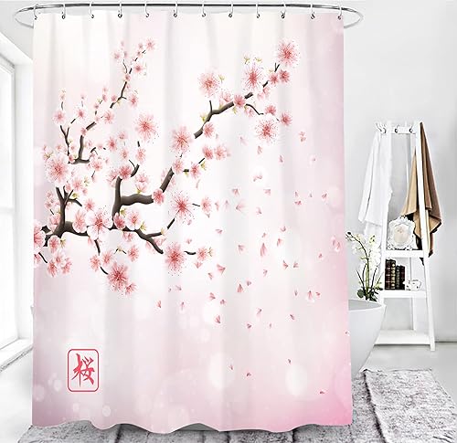 Miniatura 5 de Cortina de ducha con diseño de flor de cerezo rosa, juego de cortina de ducha japonesa Sakura floral, cortinas de ducha para baño, tela impermeable