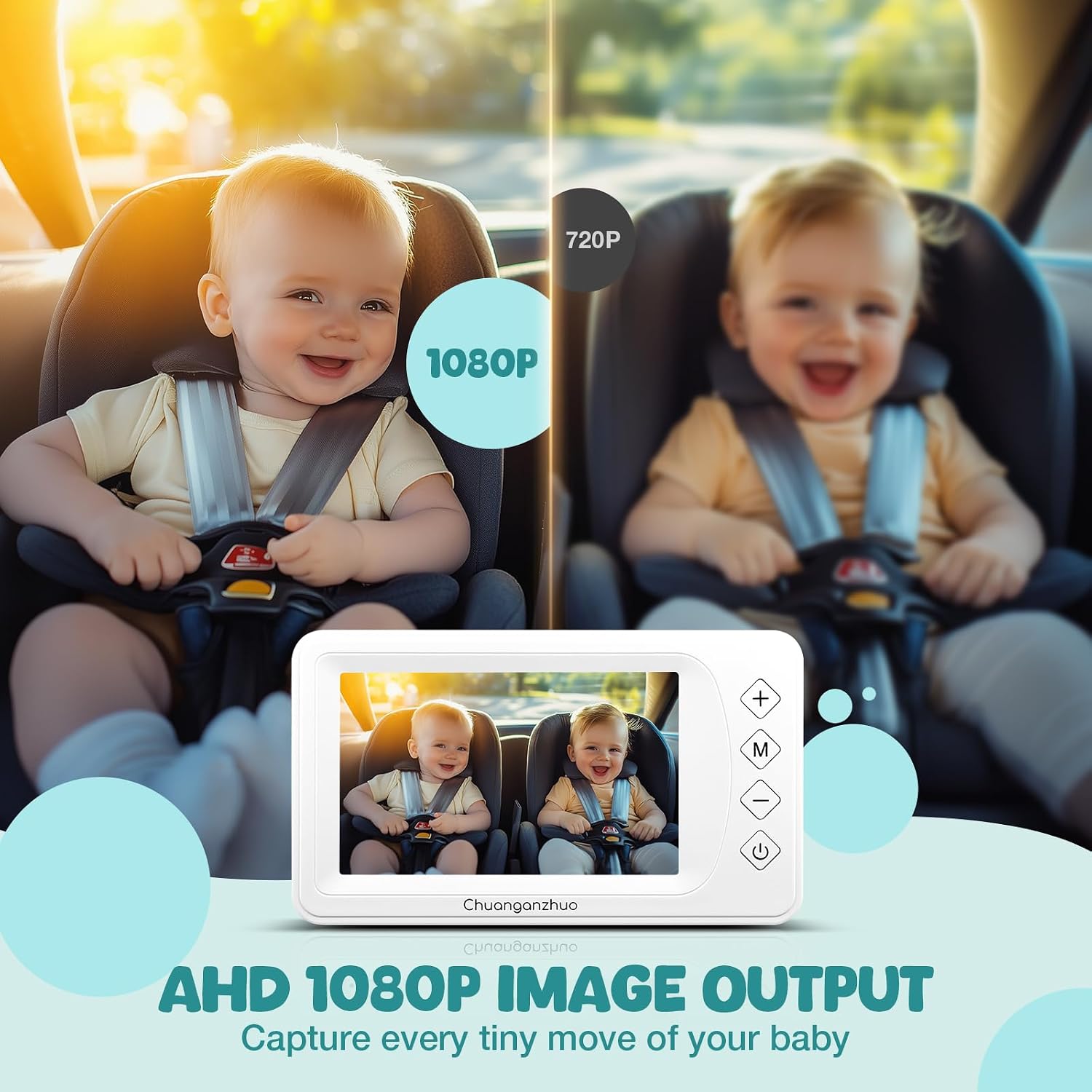 Baby Car Camera with Advanced Night Vision, AHD 1080P 5inch IPS Full View Baby Monitor, Carseat Camera for Kids Infants Rear Facing Mirror, USB Powered, 5inch, Off-White