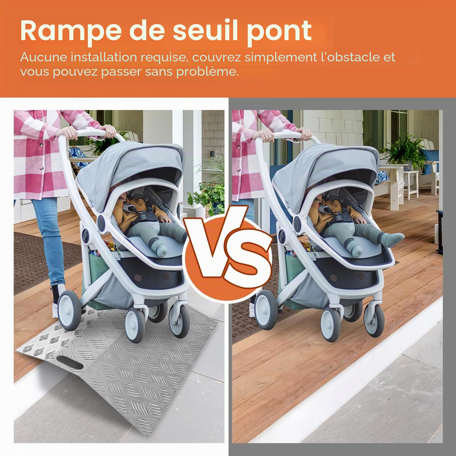 Rampe de seuil pour porte, Rampe de seuil pour fauteuil roulant, Pont de seuil antidérapant portable avec poignées, Rampe de pont, Rampe en aluminium pour fauteuil roulant, 80 x 70 x 10 cm