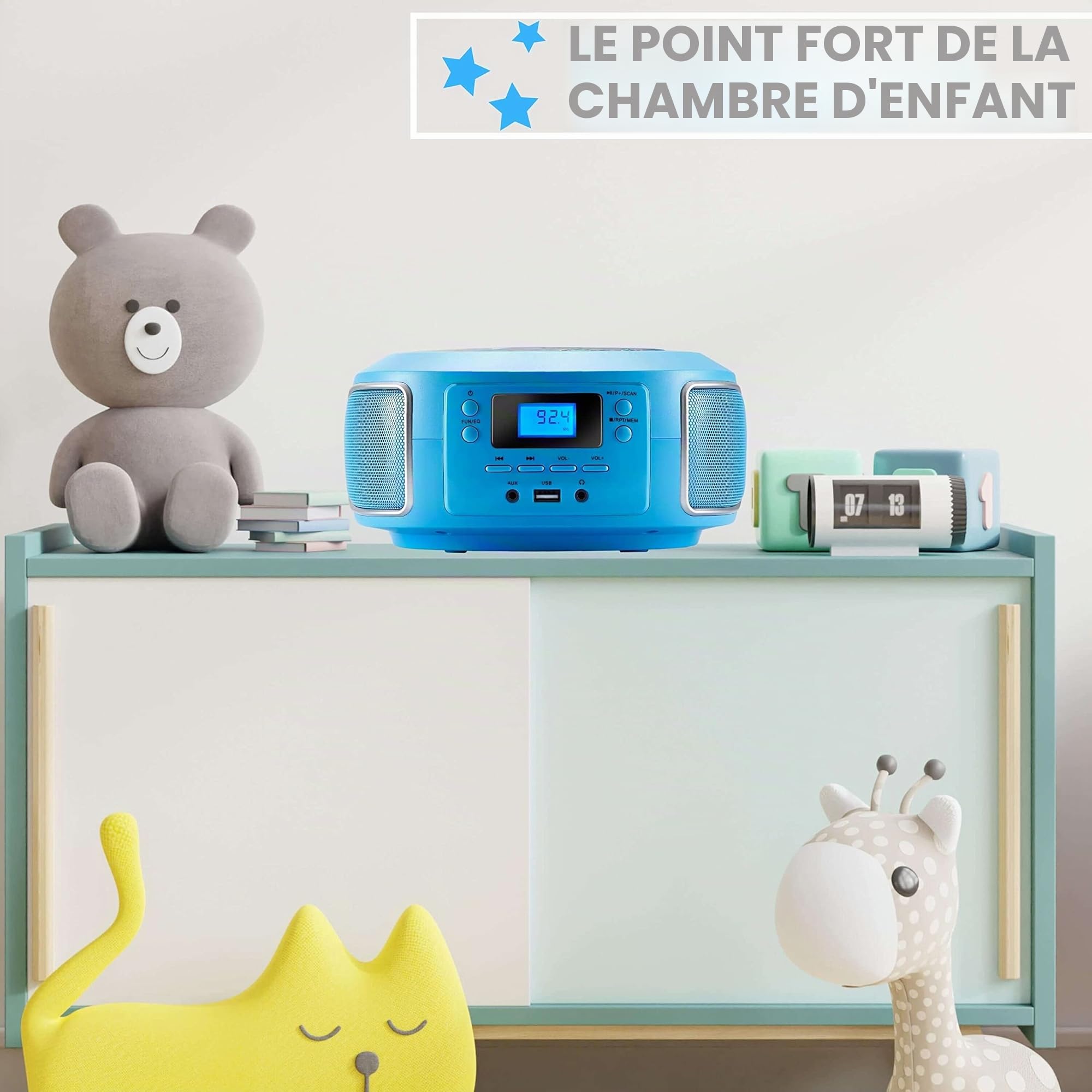Cyberlux Boombox portable | Radio FM | Entrée AUX | CD/CD-R | USB | Prise casque | Lecteur | Radio enfant | Système compact | Chaîne stéréo | Boombox, Bubble Bleu