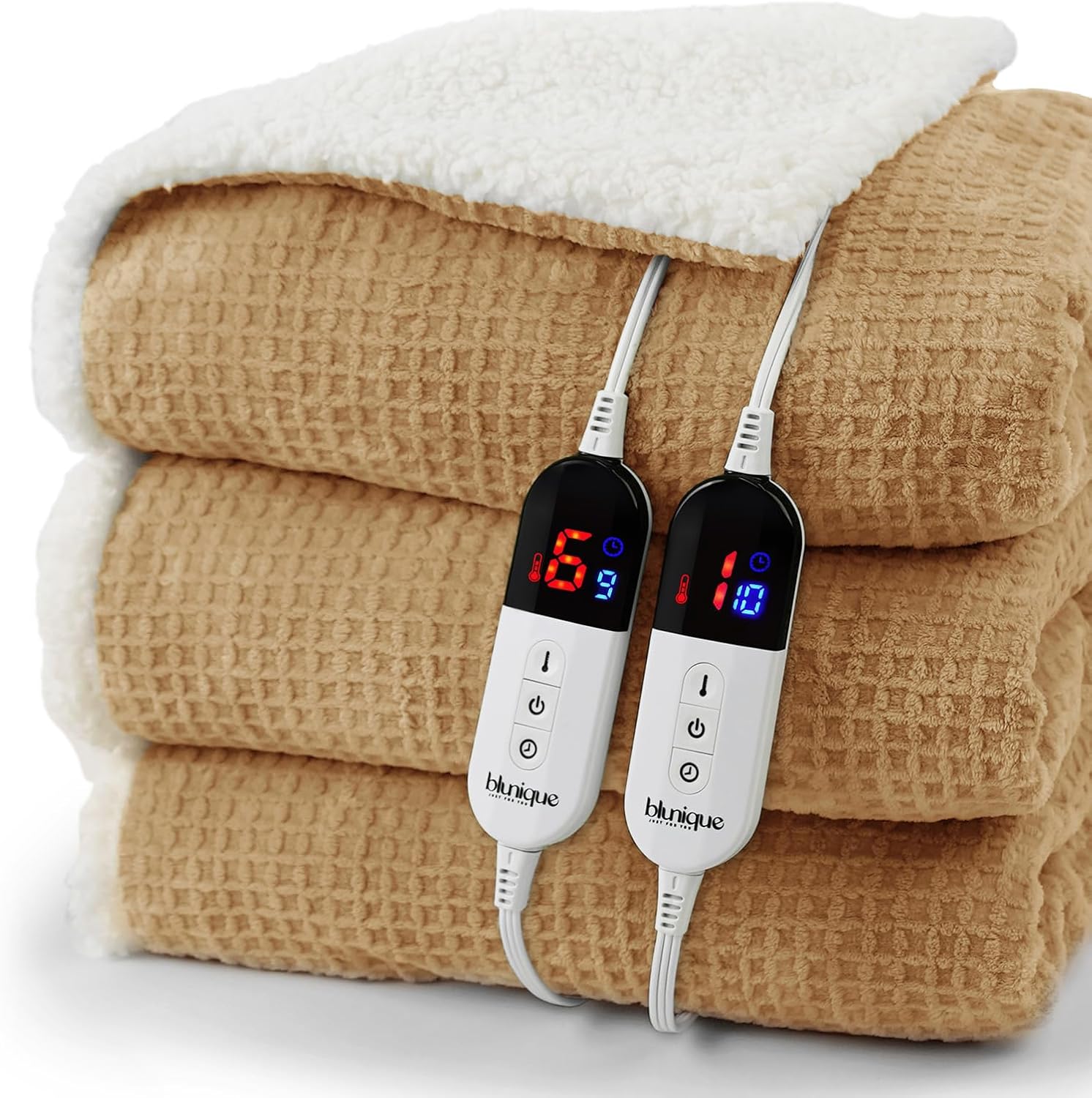 Heated Blanket Electric Blanket Queen Waffle, 84x90 Inches Dual Controllers Sherpa Fleece Fast Heating Blanket 6 Heating Levels & 10 Hours Auto Off ETL Certification, Caramel Queen