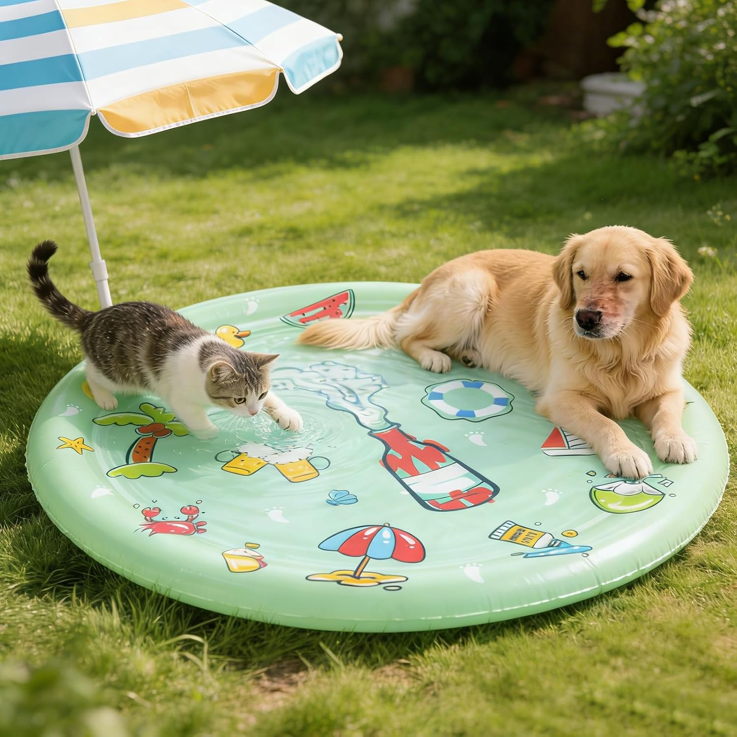 YumSur Water Sensory Play Mat for Cat Dog, 2026 Inflatable Pet Cooling Water Pad, Summer Water-Fillable Sensory Mat, Upgraded with 50% Extra Thickness Large 100cm Diameter, with Air Pump (Green)