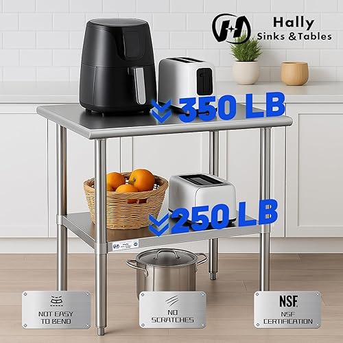 Vista 88 de Hally - Mesa de trabajo y preparación de acero inoxidable de 24 x 30 pulgadas, mesa comercial con certificación NSF de gran resistencia con estante