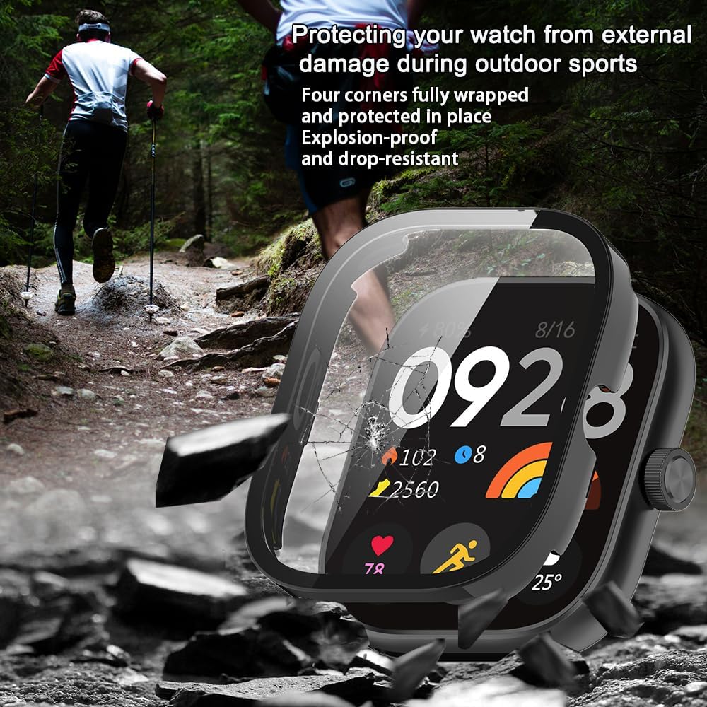 Smartwatch Case Compatible for Xiaomi Redmi Watch 4 Screen Protector, PC Hard Ultra Bright Tempered Glass One Piece Full Screen Protective Cases (3 pcs)