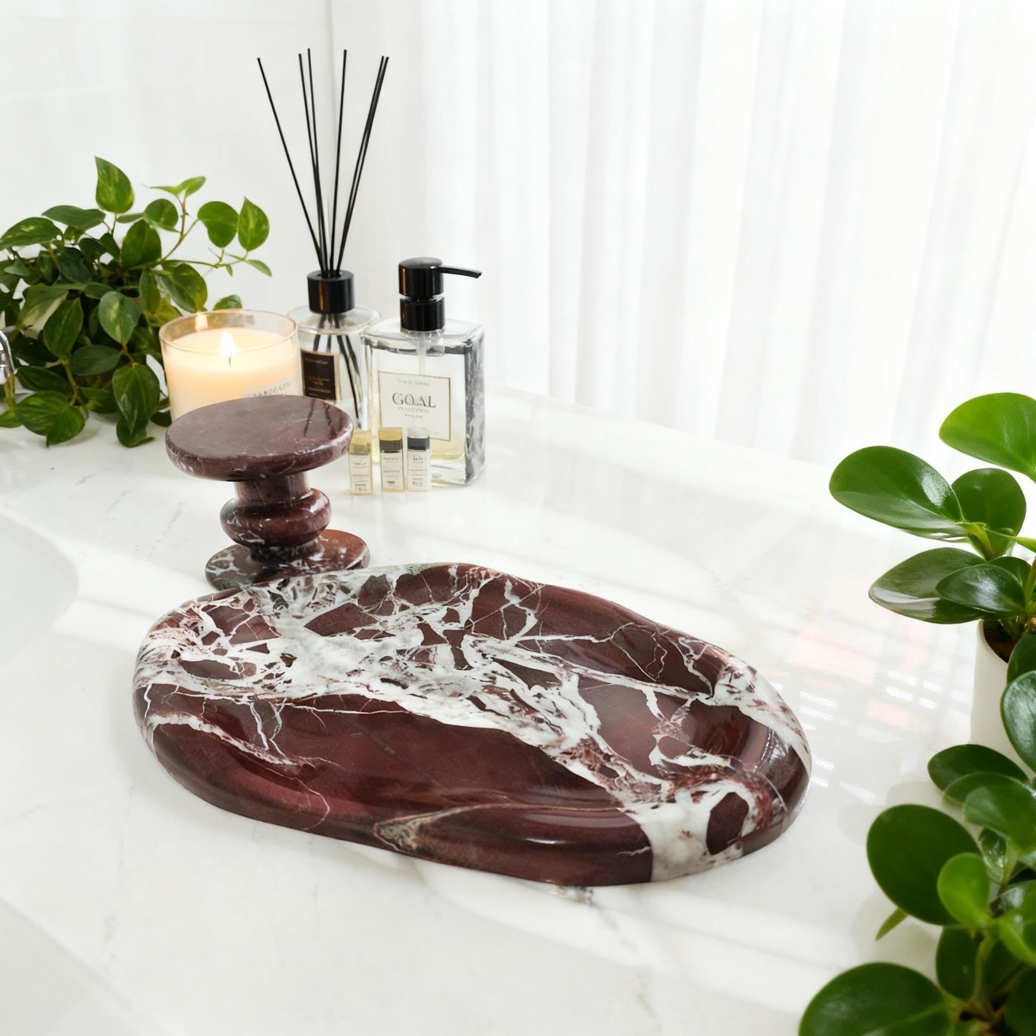Natural Jade Marble Tray for Jewelry, Food, Home Decor, Vanity,Dresser Storage,Irregular Stone Sculpture Trays, Non-Resin/Non-Ceramic (PurpleRed)
