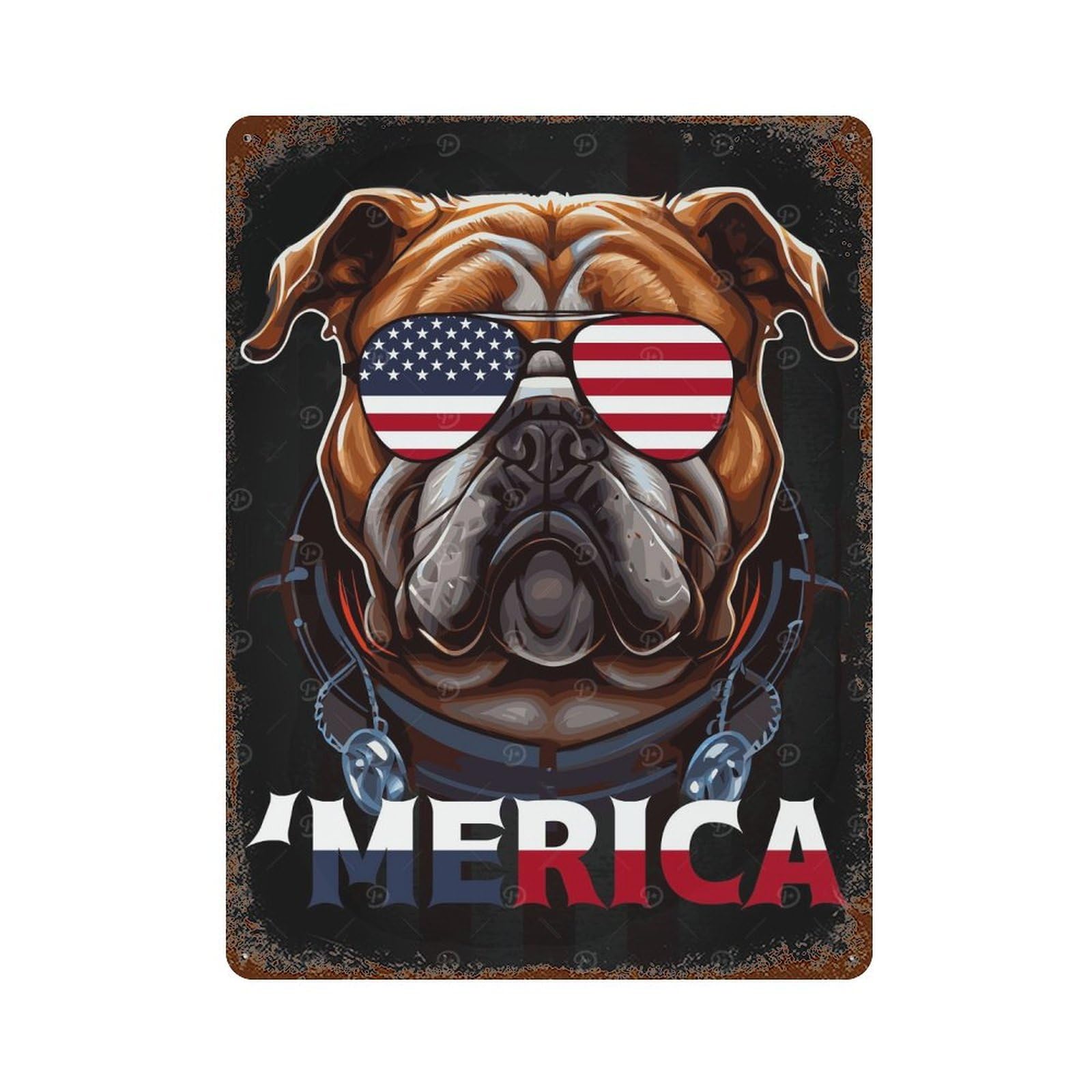 Bulldog USA Flag Glasses Distressed Metal Wall Sign 15.7"x11.8", for Garage, Bar And Workshop Decor, Decorative Metal Wall Art