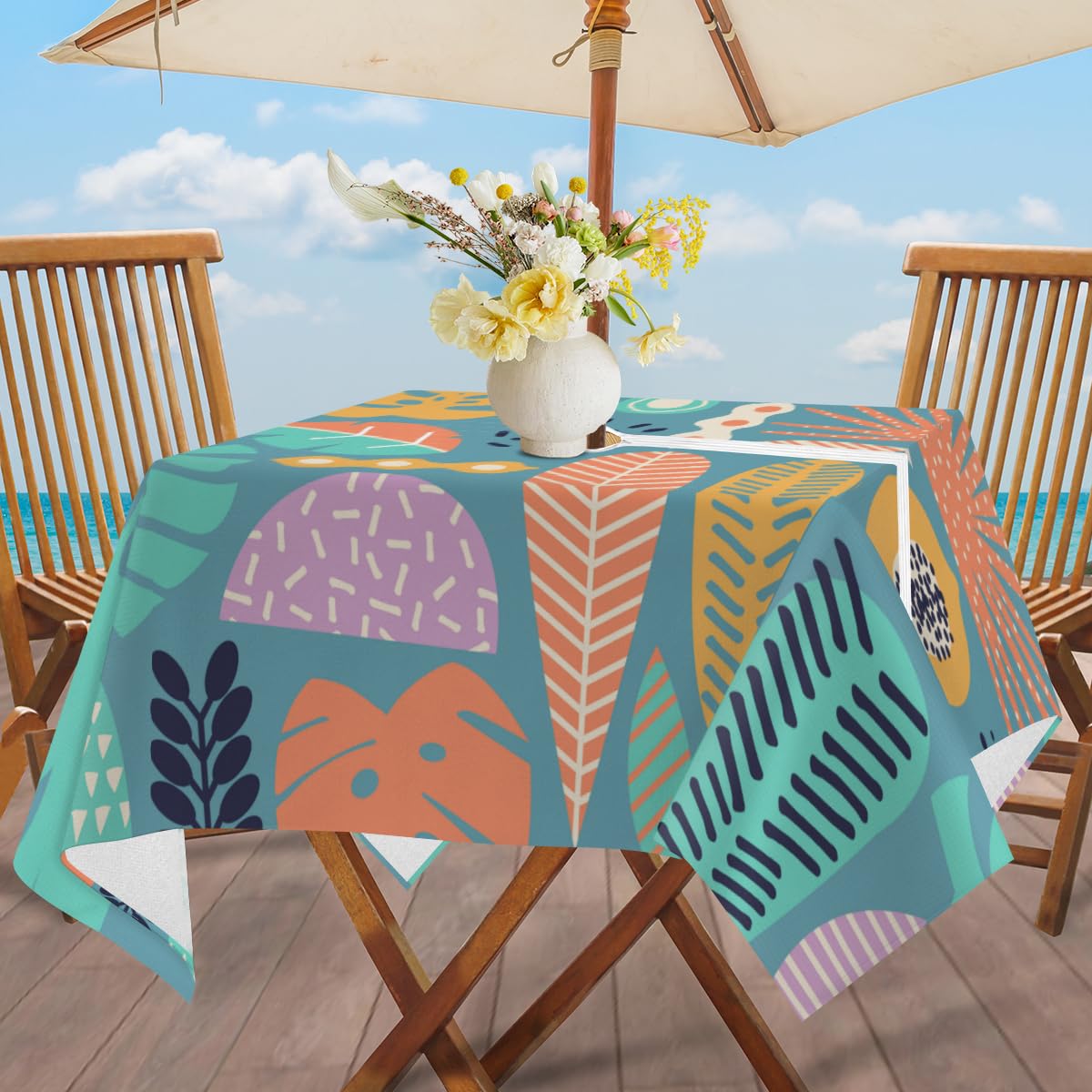 QsirBC Cartoon Palm Leaf Outdoor Tablecloth with Umbrella Hole and Zipper Wrinkle-Free Stain Resistant Washable Square Tablecloth for Patio Garden Picnic Camping 60 X 60 Inch