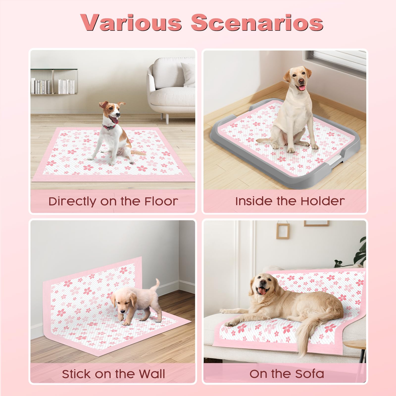 MIZOK Puppy Pads 22"x 22" with Leak-Proof Quick-Dry Design Pee Pads for Dogs Potty Training, 6-Layer Standard Absorbency Dog Pee Pads Regular Size, Pink Cherry Blossom Pattern (50 Counts): 28x34in | 50Ct-Pink