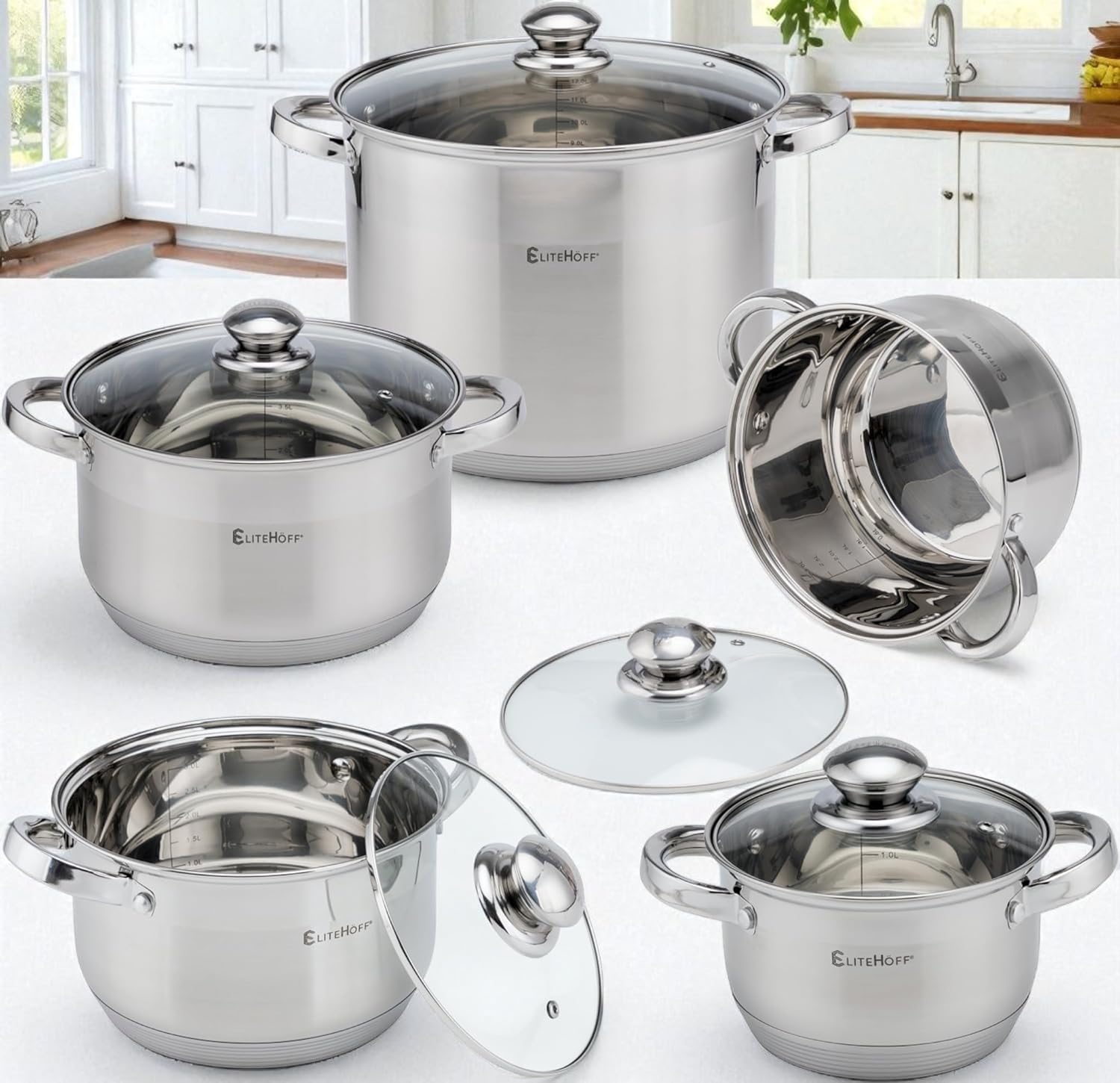 EliteHoff 10-teilig Induktion Kochtopf-Set, 7-lagig Edelstahl Kochtopf, 5er Set Töpfe mit Deckeln, für Alle Herdarten