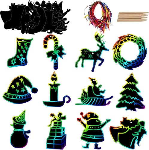 48 piezas de papel para rascar, papel de rascar arcoíris de Navidad con 24 lápices de madera y 48 cintas, papel de rascar de color para