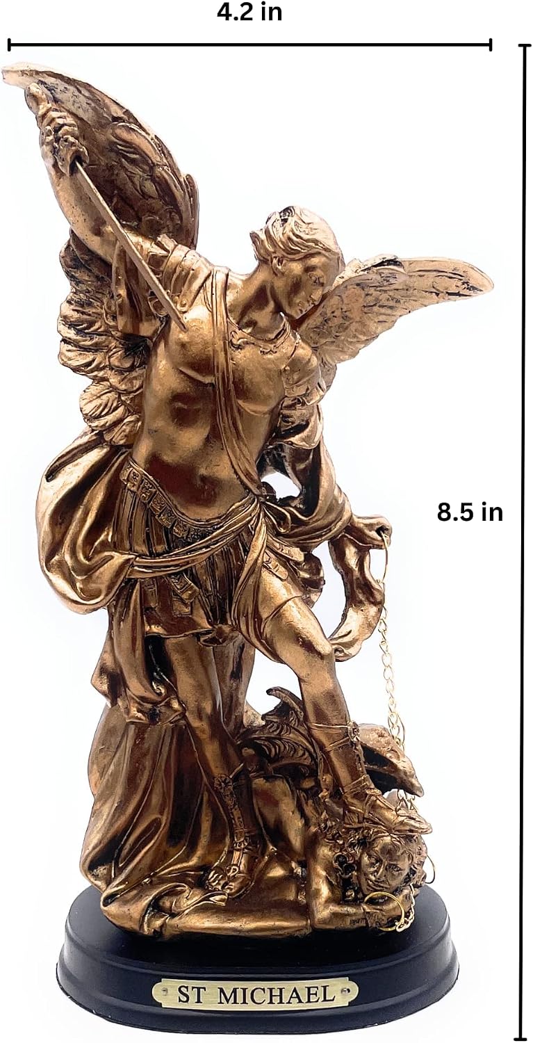 RUSTIX St Michael San Miguel Archangel Statue Defeating Satan Resin Sculpture (Bronze, 8.5 Inch)