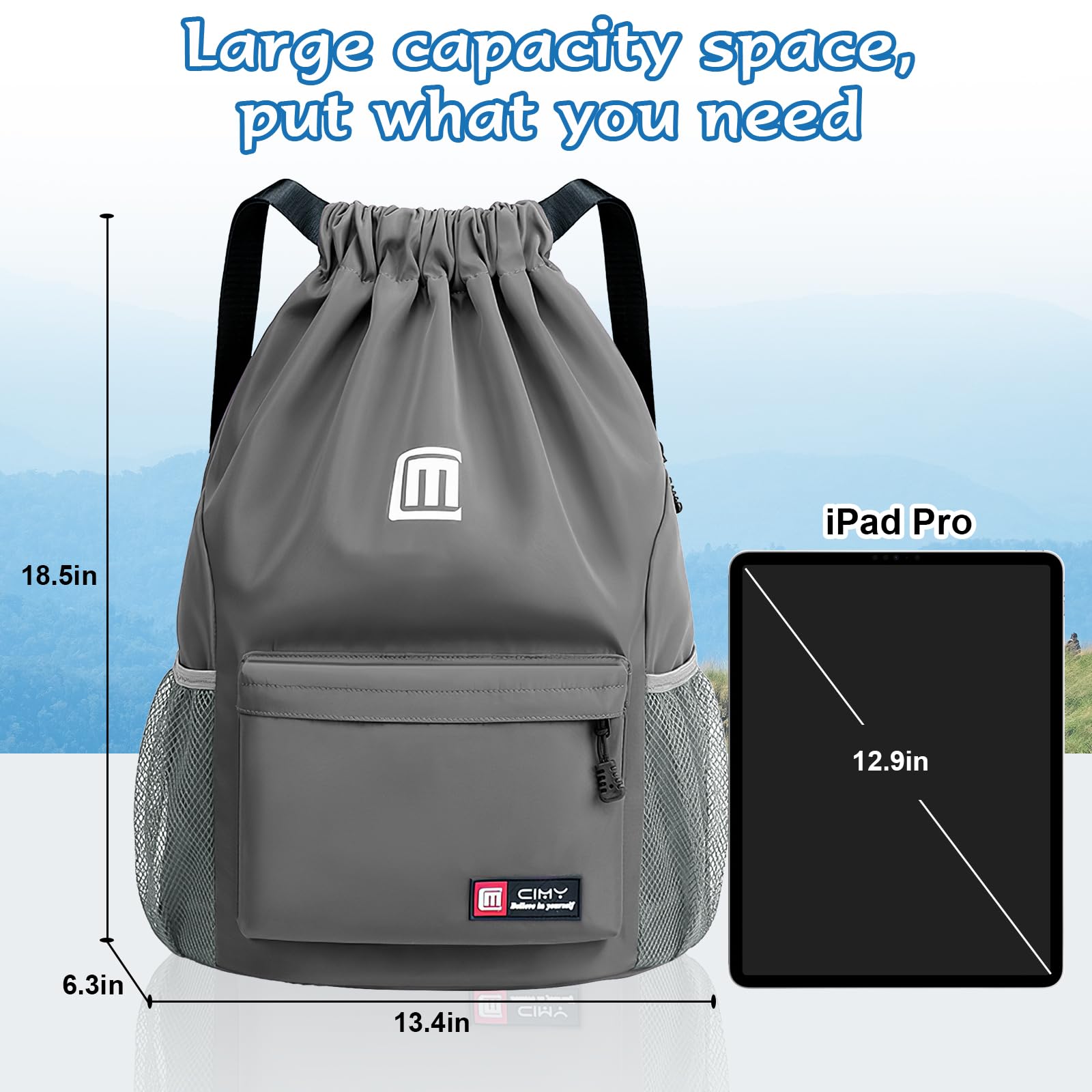 Tesmien Drawstring Bags,Waterproof Swimming Bags Unisex Sports Backpacks for Kids Adult Large Drawstring Sackpacks Bags for School Gym Sports Travel Swimming-Grey - Image 3