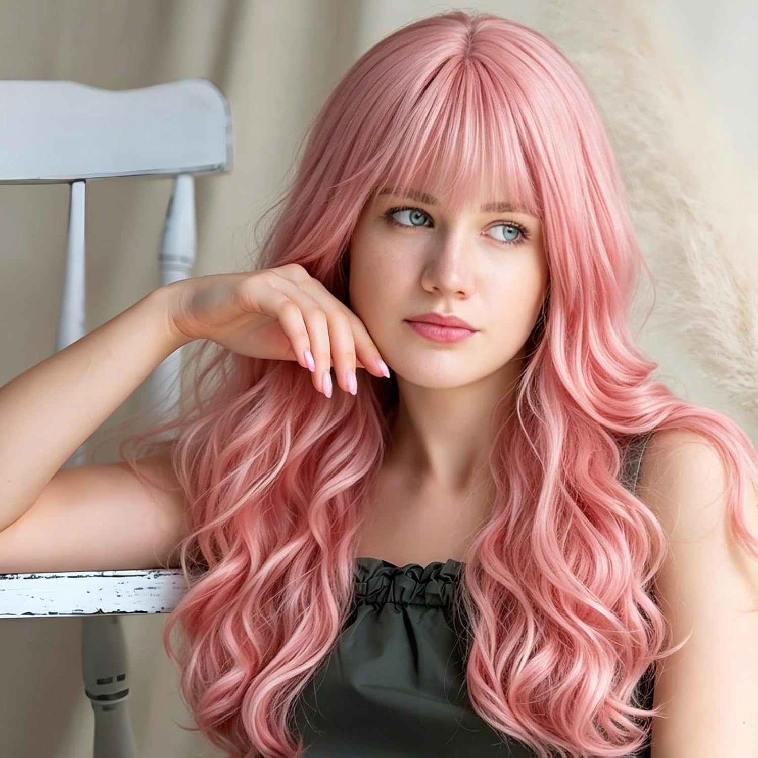 Light Pink Wigs for Women, Pinks Cosplay Wig and Womens Wigs Long Pink Wig with Bangs, Cute Pinks Hair Long Suitable for Daily Wear and Gatherings 65cm in Length