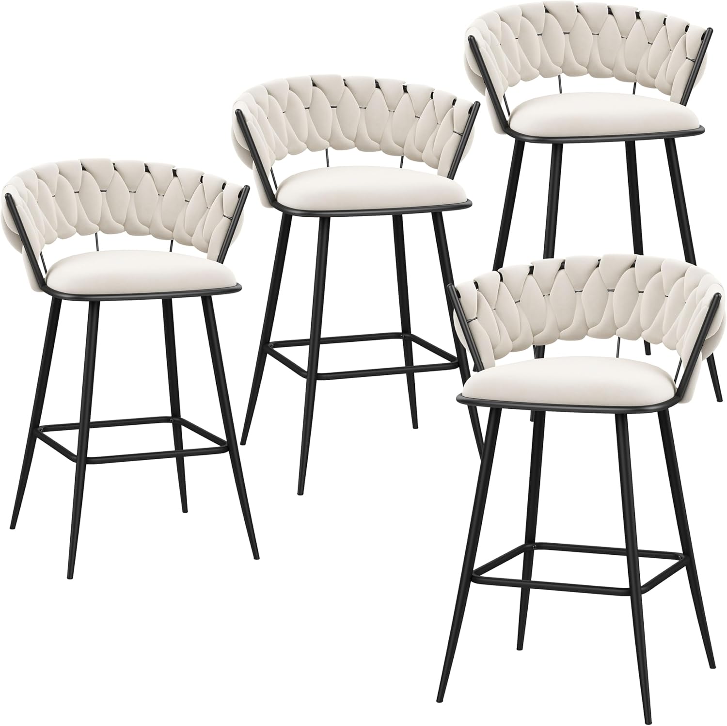 ALISH 26 Inch Bar Stools Set of 4,Upholstered Barstools with Woven Back and Footorest Velvet Modern Bar Chairs for Kitchen, Dining Room (Ivy, Set of 4)