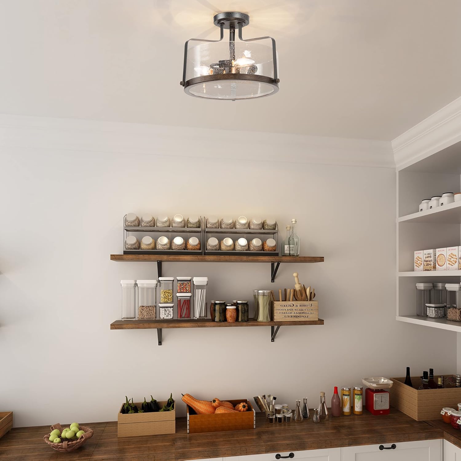 LALUZ Semi Flush Mount Ceiling Light Fixture, 3-Light Farmhouse Close to Ceiling Lighting with Seeded Glass Shade and Faux Wood Metal Frame for Bedroom, Hallway, Kitchen, Foyer, Closet, Dia 14"