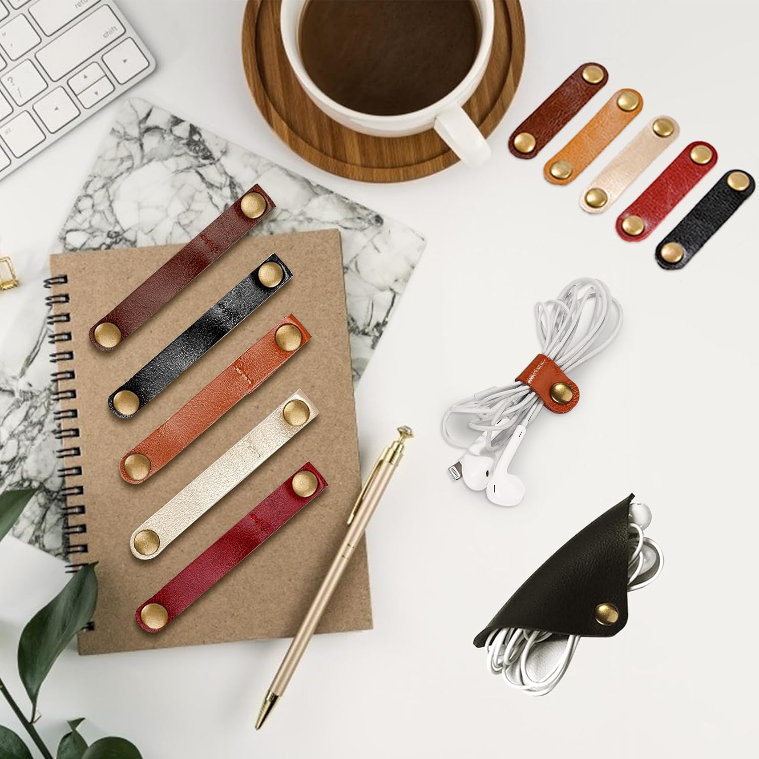 Maveek Genuine Leather Cable Ties - Cord Organizer & Winder, 10 Long + 10 Short Ties + 2 Square Cord Holders