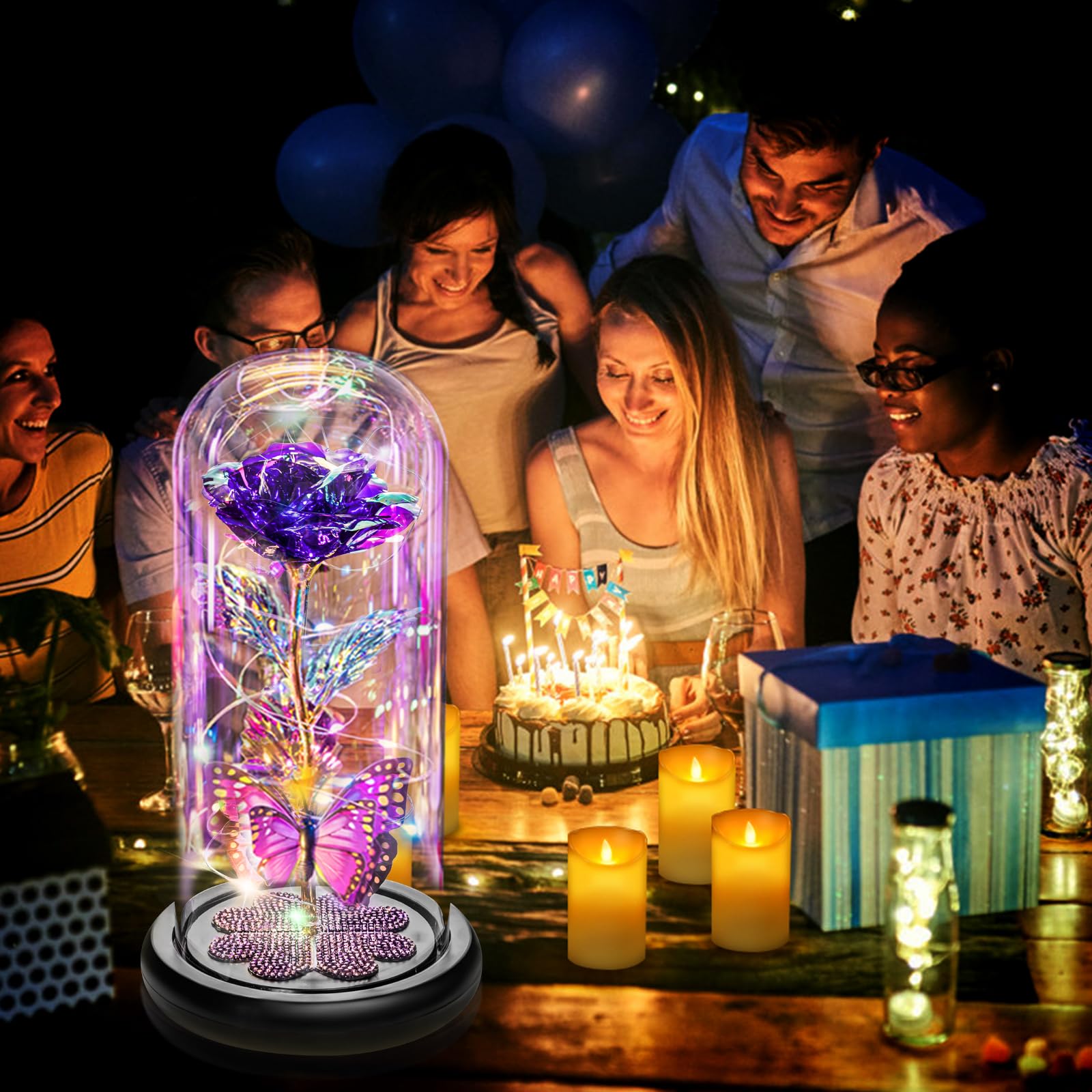 Pusuny Gifts for Women Birthday Gifts for Women, Galaxy Glass Rose Forever Eternal Crystal Flower Light Up Rose in Glass Dome with Butterfly for Her Mom Wife Friend Purple