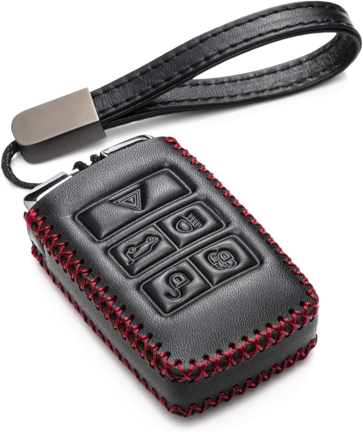 Genuine Leather Smart Key Fob Case Cover Compatible with Land Rover Discovery, Range Rover, Defender (2017 - 2026 Models) - 5-Button, Black/Red