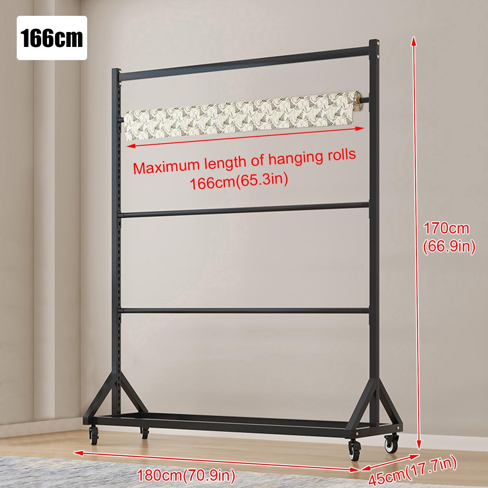 Sample Fabric Display Rack, Curtain Color Card Display Stand, Movable Heavy Duty Steel Scarf Hanger, Commercial Organizer Holder with 3 Hanging Rod for Displaying Blanket Quilt Scarf Towel Mat(166cm(6