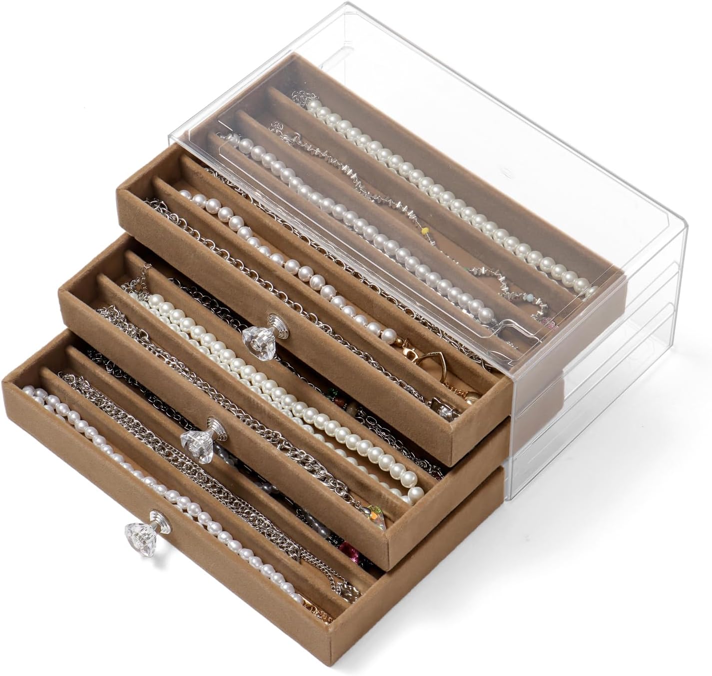 Necklace Jewelry Box with 3 Drawers Necklace Display Case Clear 3 Layers Velvet Jewelry Organizer for Women Girls (Brown)
