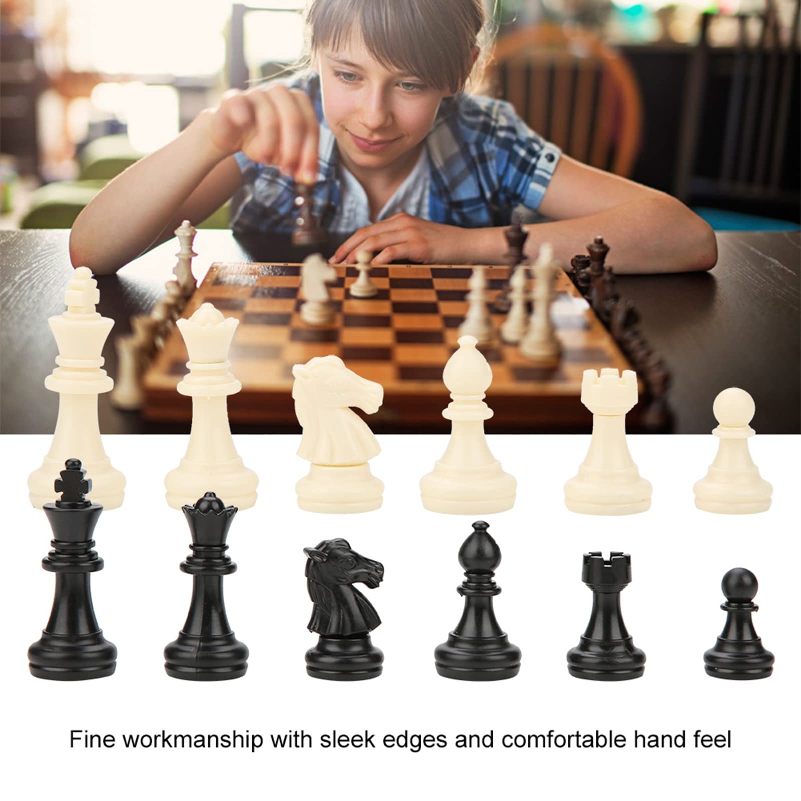 Jeu d'échecs de tournoi de 32 pièces d'échecs en plastique noir et blanc pour jeu international, 3 pièces d'échecs de rechange pour jeu international, hauteur du roi 49 mm, planche non incluse