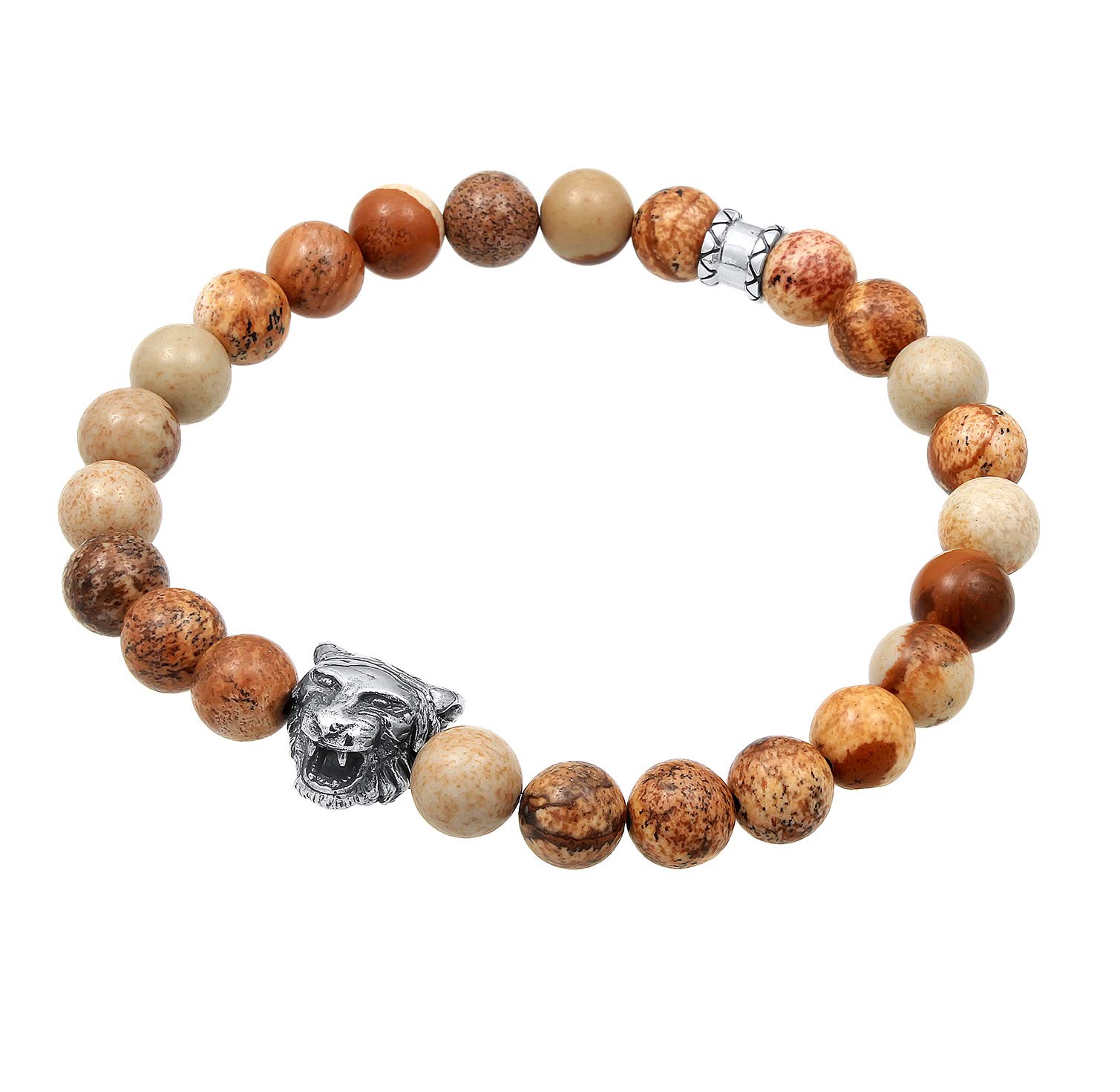 Kuzzoi Buddha Herren Armband mit braunen Achat Edelstein Perlen | Tigerkopf Anhänger elastisch Yogaarmband Energiearmband 0201490719