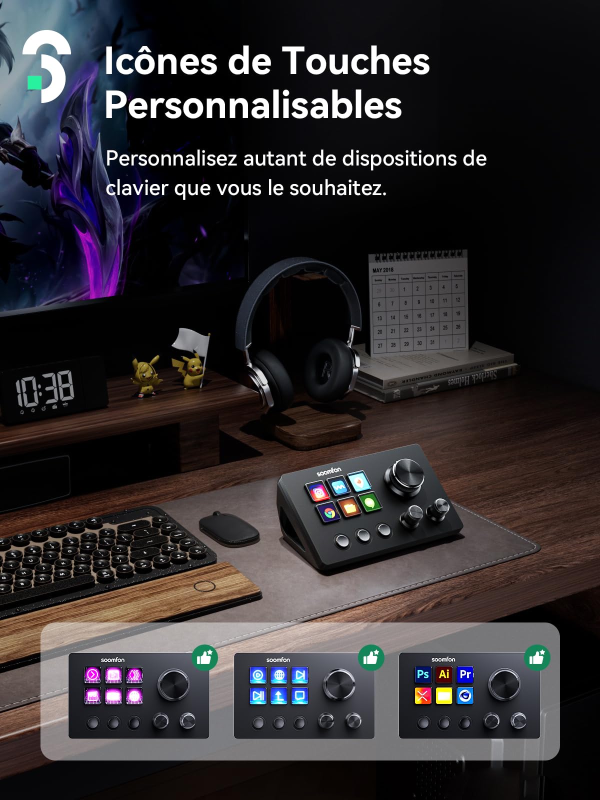SOOMFON Stream Controller SE, Stream Studio Deck 6 LCD Touches Macro 3 Boutons 3 Potentiomètres, Production Console Deck Compatible PC/Mac, Production Contrôleur pour OBS/Streamlabs/Twitch/Youtube